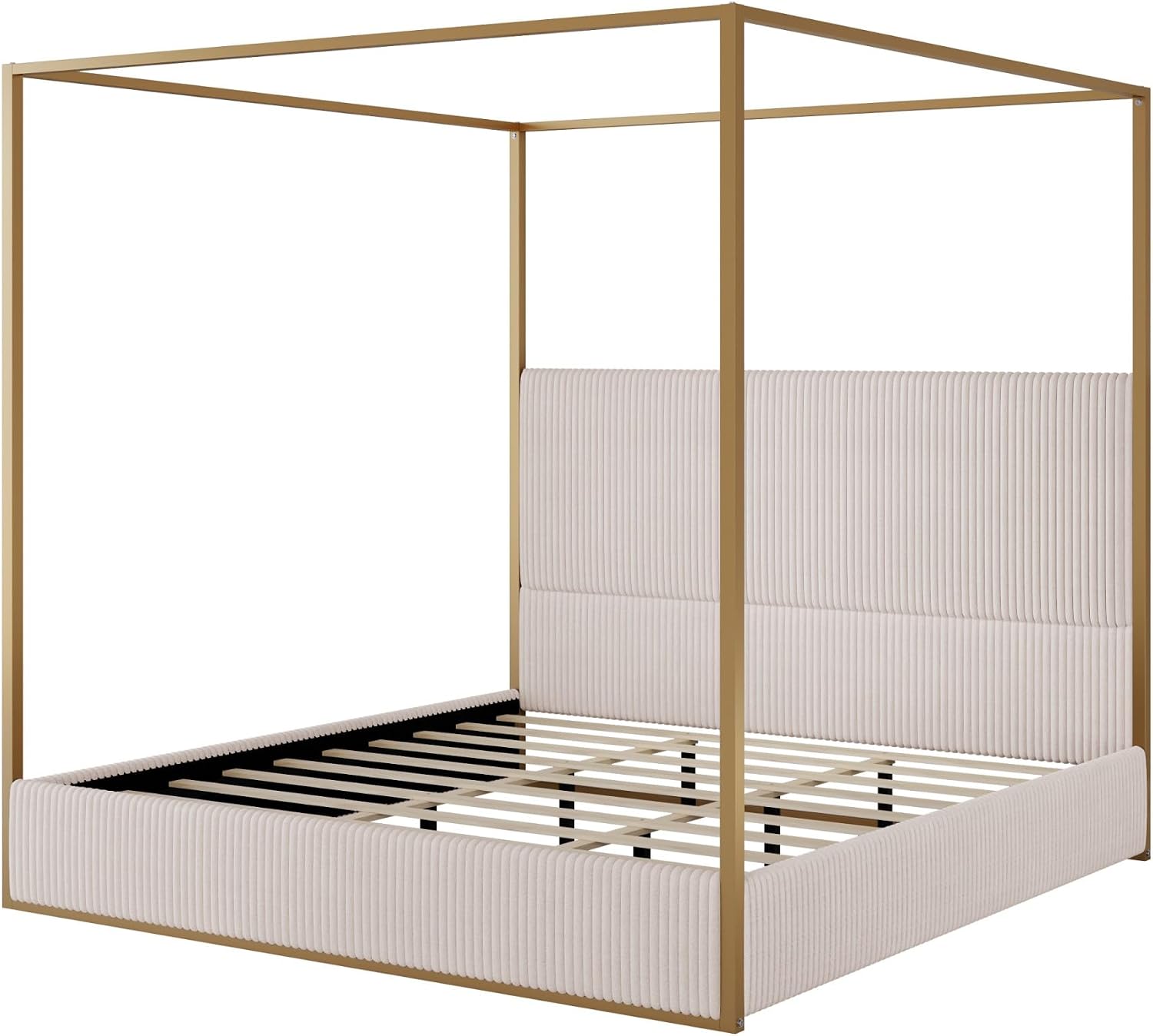 Harper & Bright Designs Luxury Canopy Bed with Tall Corduroy Upholstered Headboard, King Size Upholstered Canopy Bed with Wood Slat Support and Four Poster, No Box Spring Needed, Gold + Beige