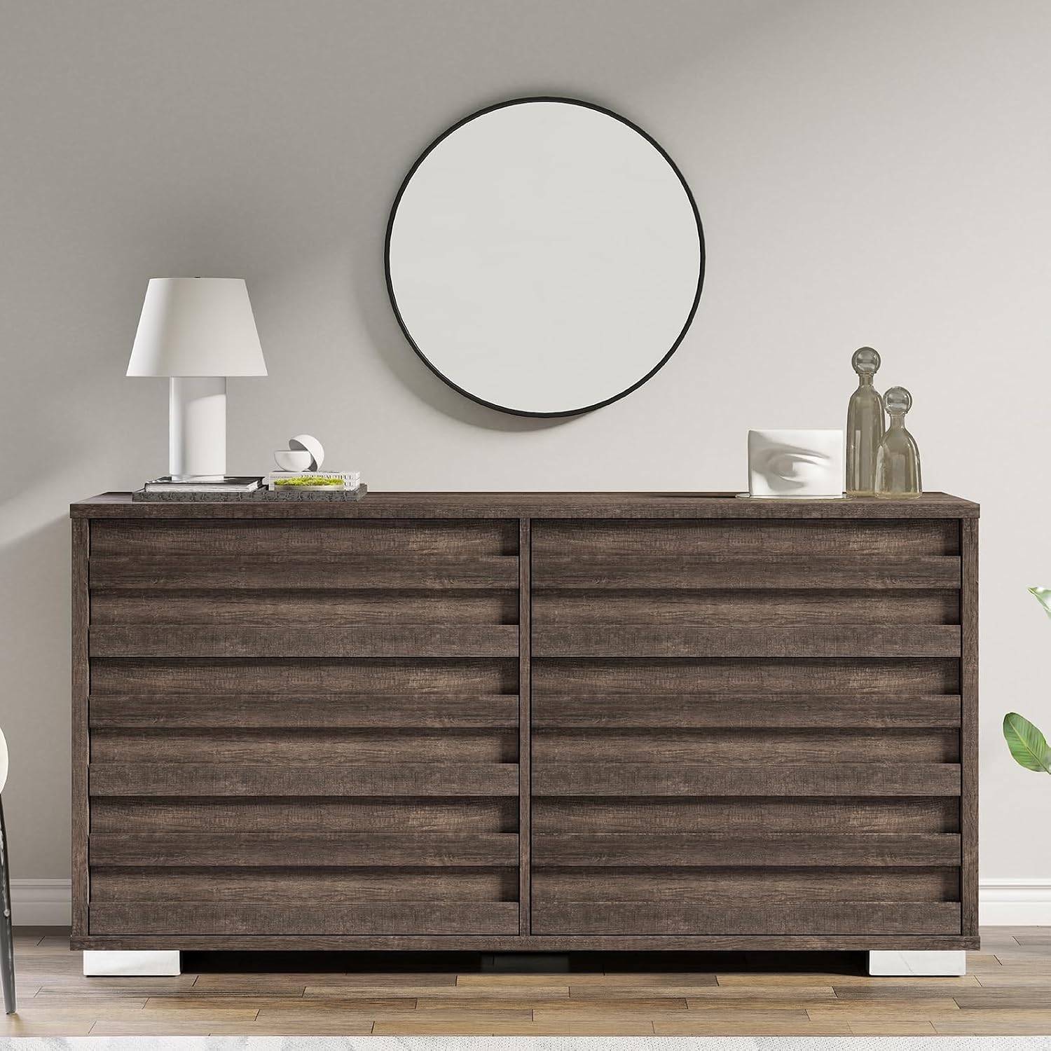 AMERLIFE 2-Piece Farmhouse Bedroom Set, Full Bed Frame and 6 Drawer Dresser, Platform Bed with 49' Fluted Headboard, 54' Wide Wood Chest of Drawer for Bedroom, Grey