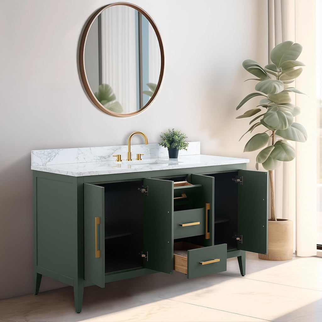 Vanity Art 60 inch Bathroom Vanity with Single Sink & Ceramic Top, Vanity Cabinet with Soft-Closing Doors, Drawers, Solid Wood Frame, Vintage Green, VA9060-SVG-BN1