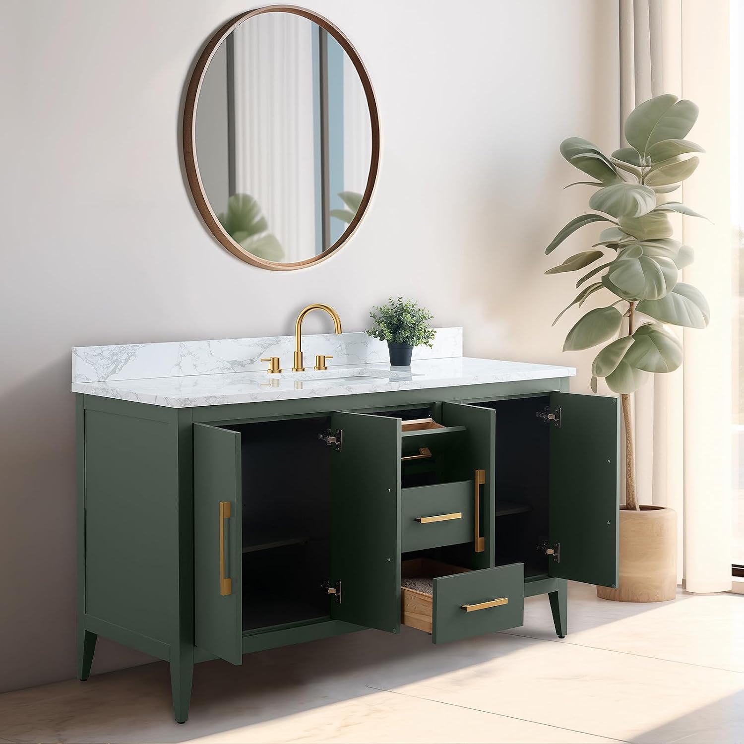 Vanity Art 60 inch Bathroom Vanity with Single Sink & Ceramic Top, Vanity Cabinet with Soft-Closing Doors, Drawers, Solid Wood Frame, Vintage Green, VA9060-SVG-BN1