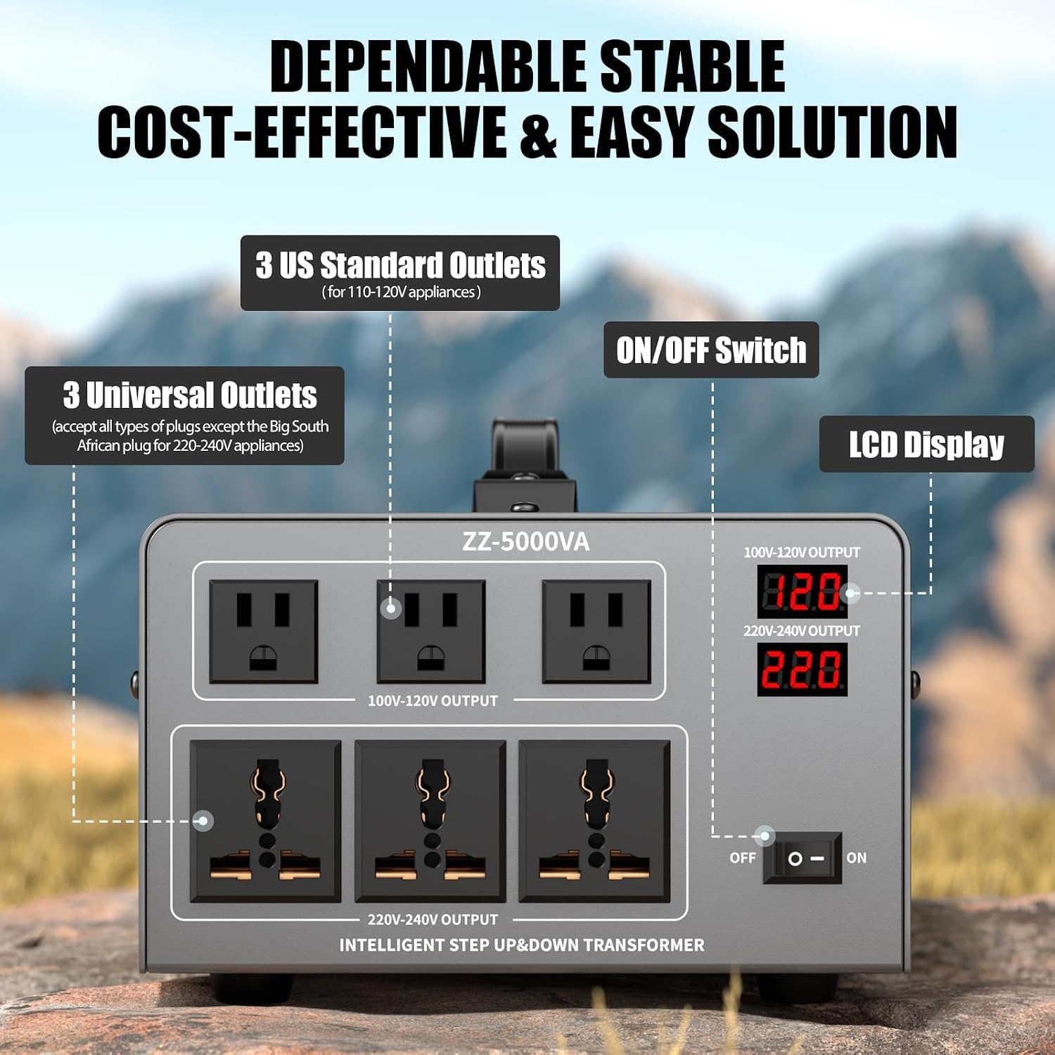 5000W Voltage Auto Converter Transformer, Heavy Duty Step Up/Down Power Converter 110/120/220/240V with 3 US Outlets,3 Universal Outlets,LED Display,w/US Standard Power Cord Circuit Breaker Protection