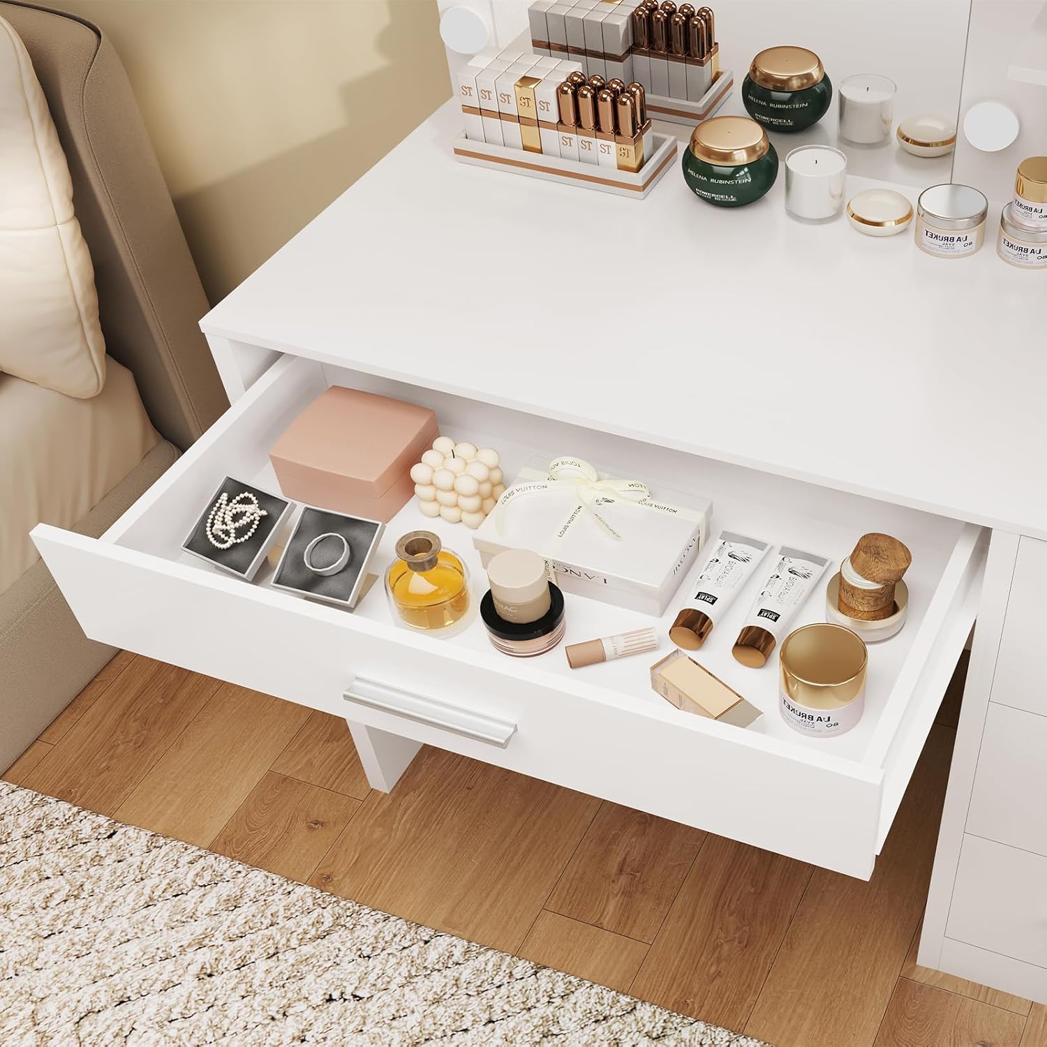 usikey Makeup Vanity with Lights, Vanity Desk with Mirror and 10 LED Lights, White Table with 4 Drawers, Cabinet & 4 Necklace Hooks, Dressing Table for Bedroom,Grils Vanity, White