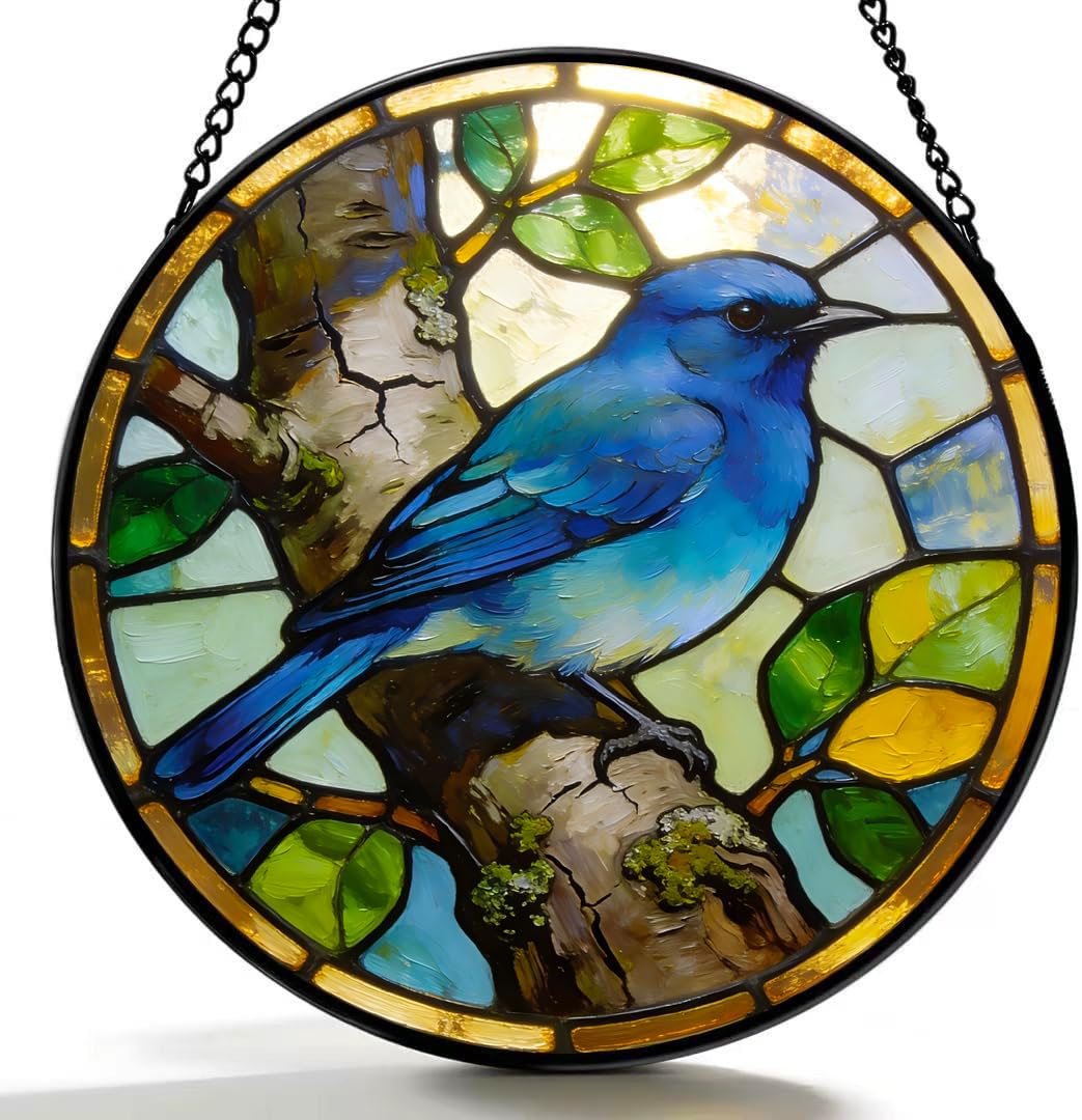 Funoasis 4Pcs Stained Glass Window Hanging Suncatcher - Hummingbird, Northern Cardinal, American Goldfinch, Eastern Bluebird Ornaments Sun Catcher Bird Lover Home Decor Women Gifts