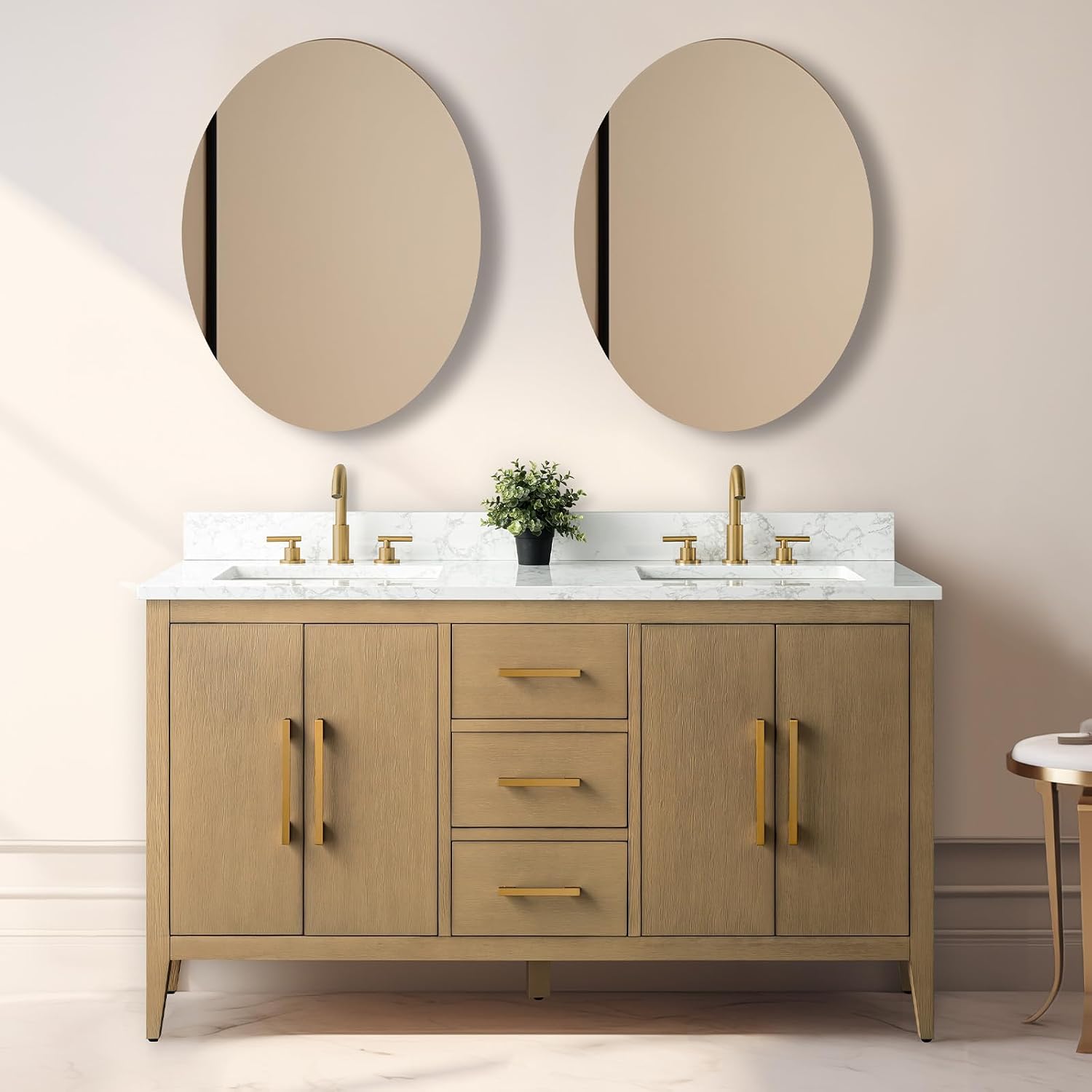 Vanity Art 60 inch Bathroom Vanity with Double Sink & Ceramic Top, Vanity Cabinet with Soft-Closing Doors, Drawers, Solid Wood Frame, Natural Oak, VA9060-DNO-GB1
