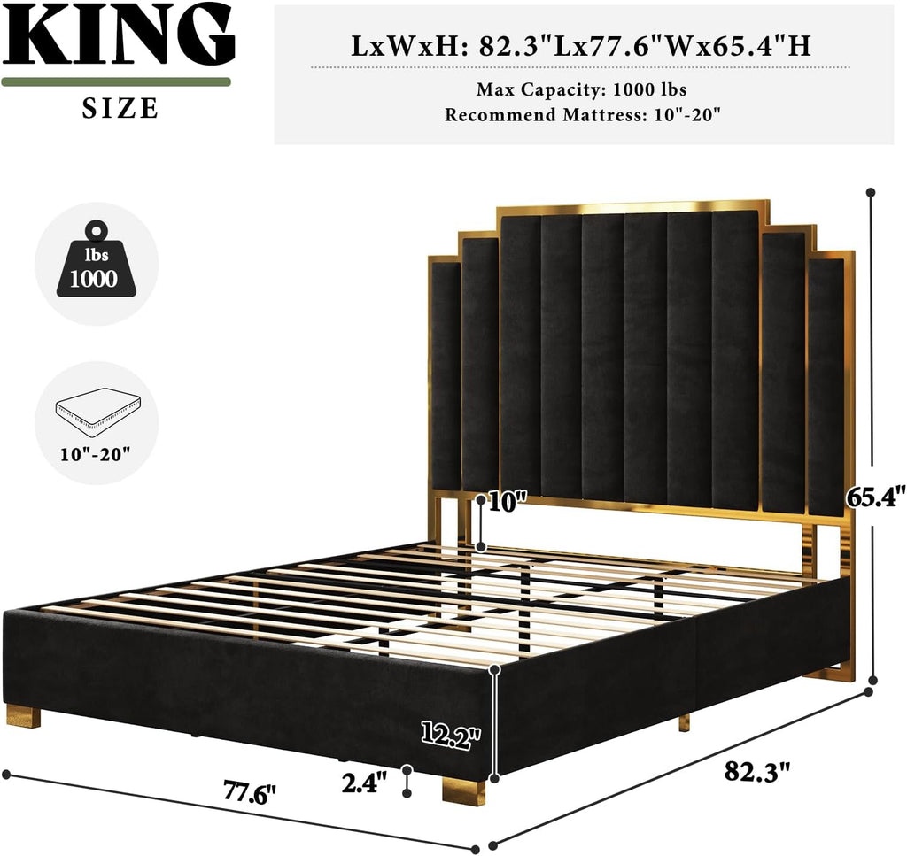 AMERLIFE King Size Upholstered Bed, Modern Velvet Bed Frame with 65.4' Tall Gold Trim Headboard, No Box Spring Needed, Black