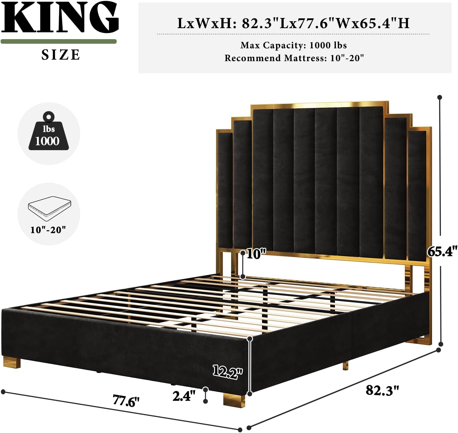 AMERLIFE King Size Upholstered Bed, Modern Velvet Bed Frame with 65.4' Tall Gold Trim Headboard, No Box Spring Needed, Black