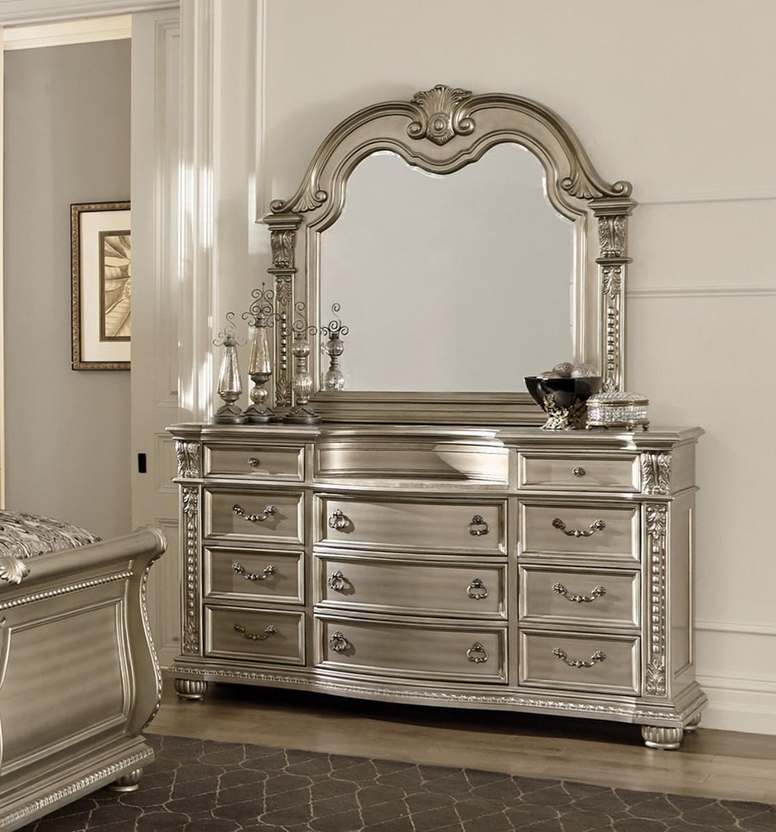 Traditional Classic 4 Pieces California King Size Set Silver Finish Faux Leather Upholstered Bed Classic Design Marble Top Formal Bedroom Furniture