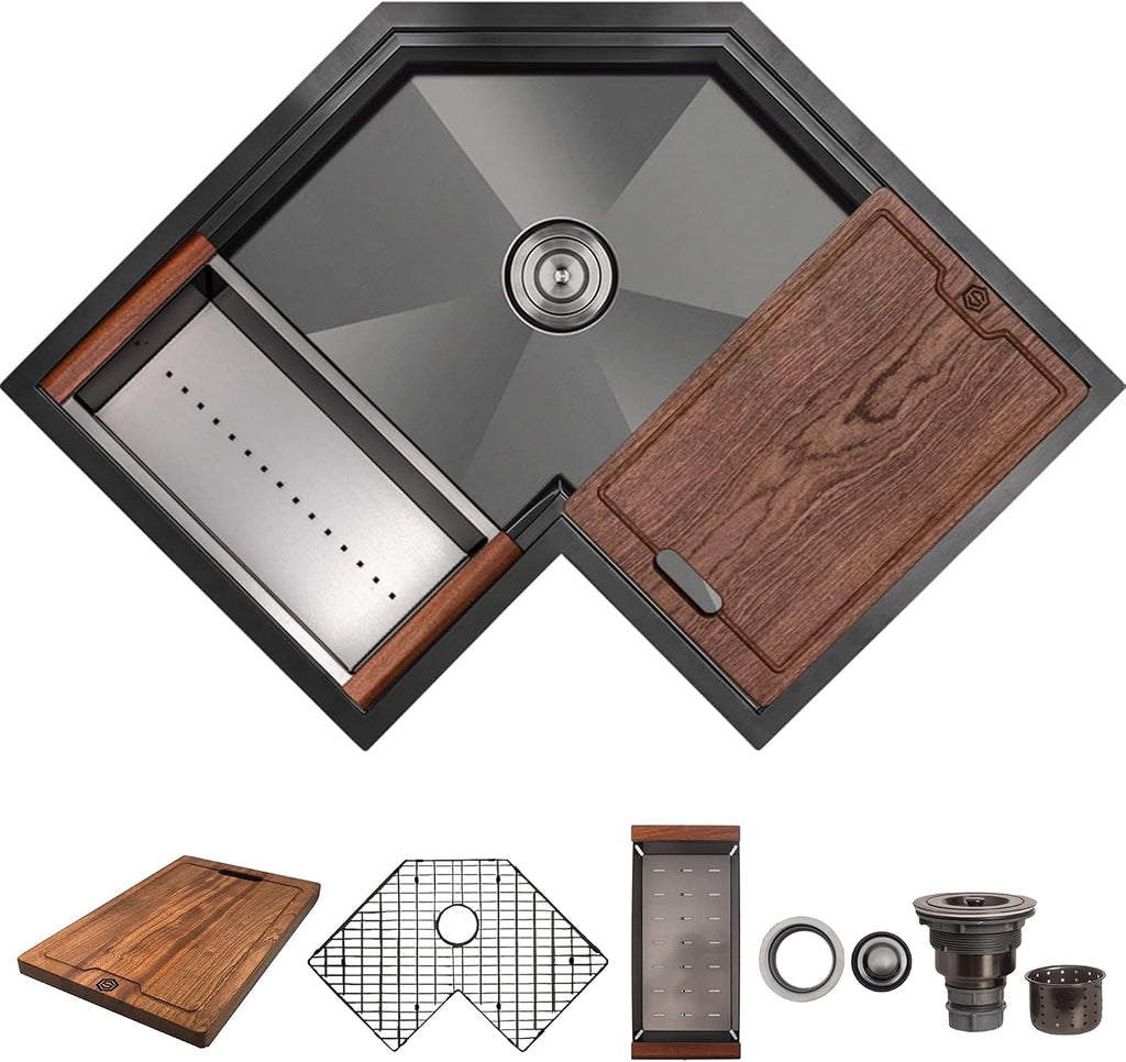 Strictly Sinks 30 Inch Corner Kitchen Sink Undermount– 16 Gauge Stainless Steel Butterfly Sink Undermount, Scratch & Stain Resistant Corner Single Bowl Workstation Sink with Accessories (Black)