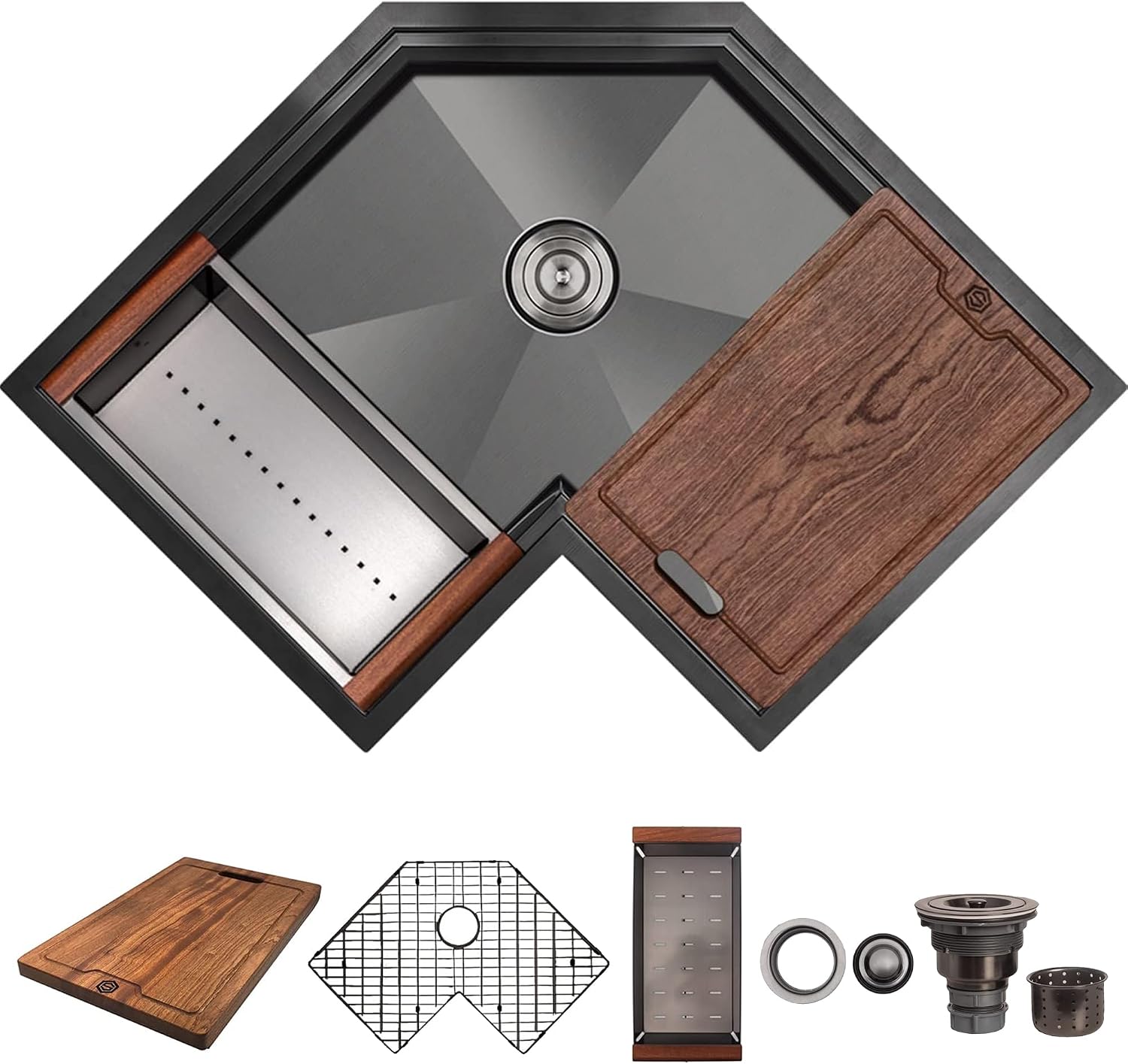 Strictly Sinks 30 Inch Corner Kitchen Sink Undermount– 16 Gauge Stainless Steel Butterfly Sink Undermount, Scratch & Stain Resistant Corner Single Bowl Workstation Sink with Accessories (Black)