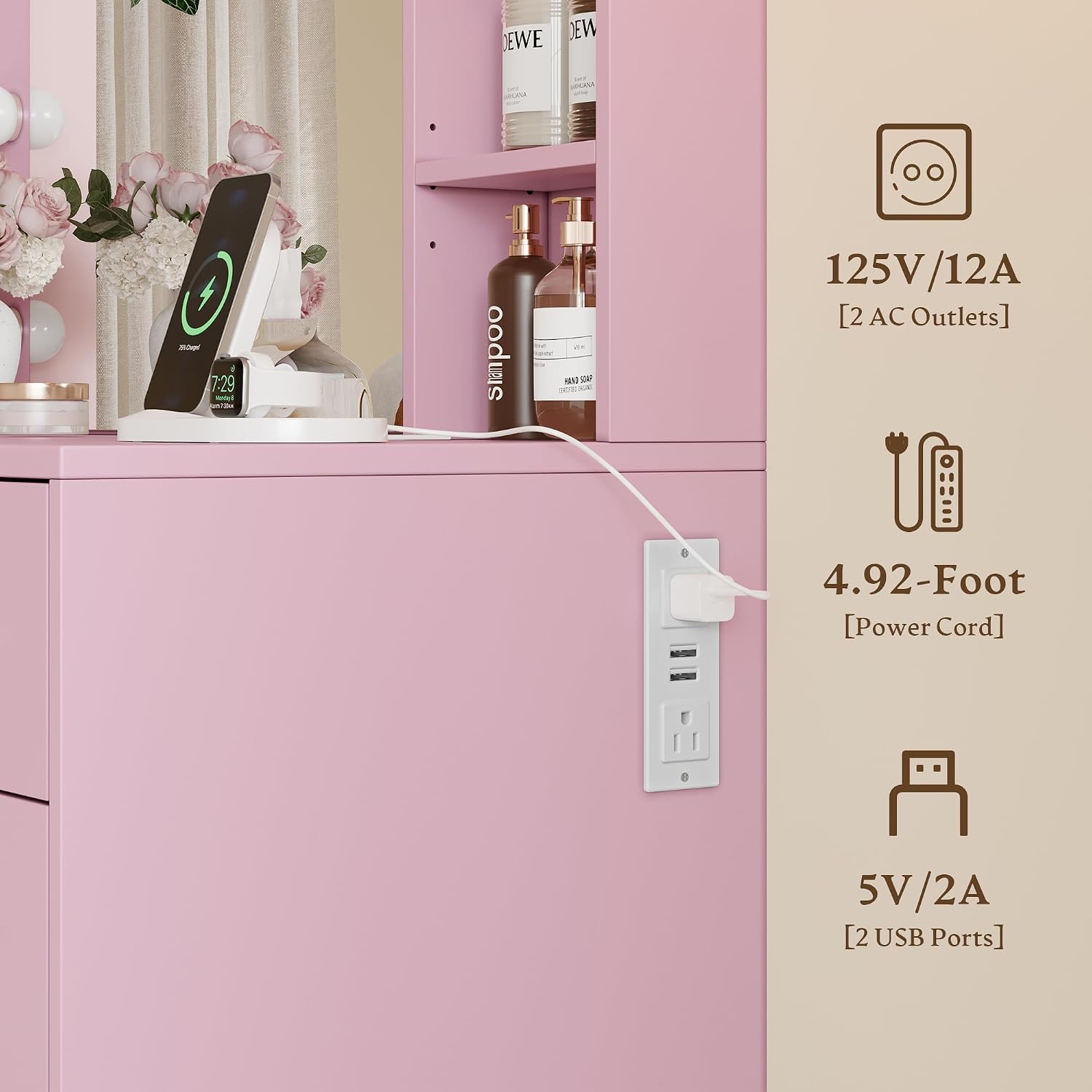Wodeer Makeup Vanity with Drawers, 43' Pink Vanity Desk with Mirror and Lights, 11 Drawers & 4 Shelves, Power Outlet & Adjustable LED Lights, Dressing Table for Women & Girls Bedroom