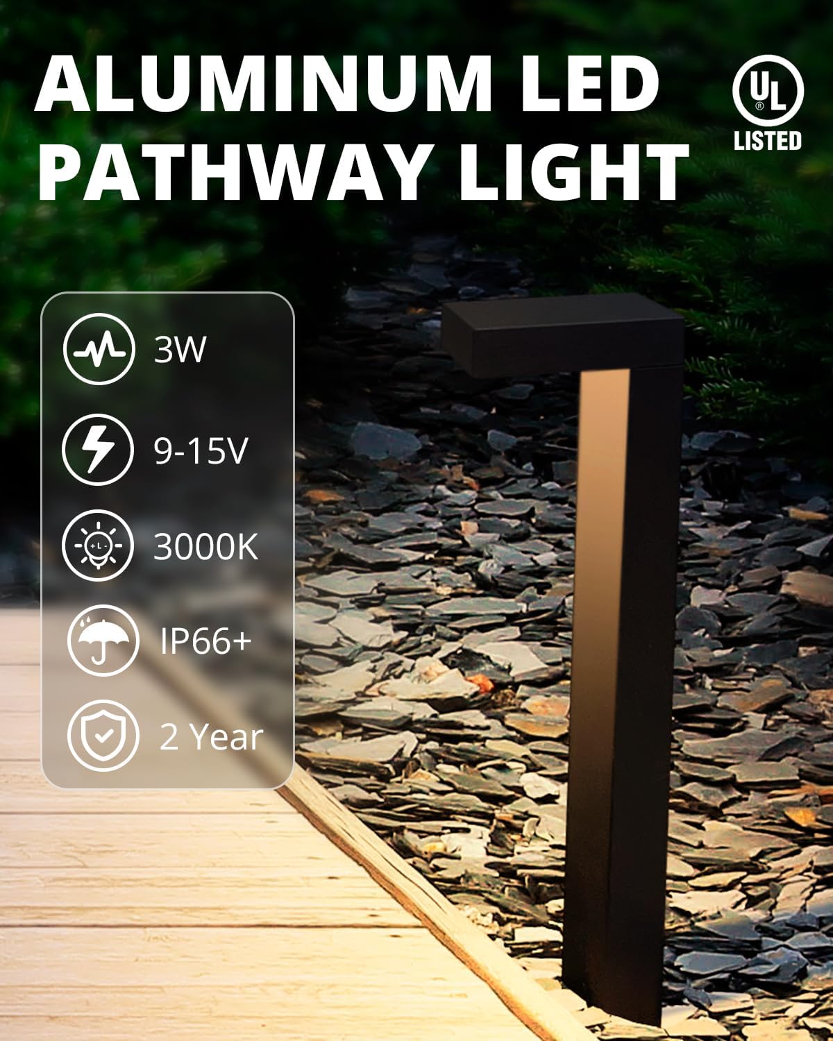 GKOLED 8-Pack Low Voltage Landscape Pathway Light Fixture, 9-15V AC/DC Outdoor Walkway Lighting with 3W LED Chips for Yard Lawn, Black Die-cast Aluminum Housing, UL-Listed IP66+