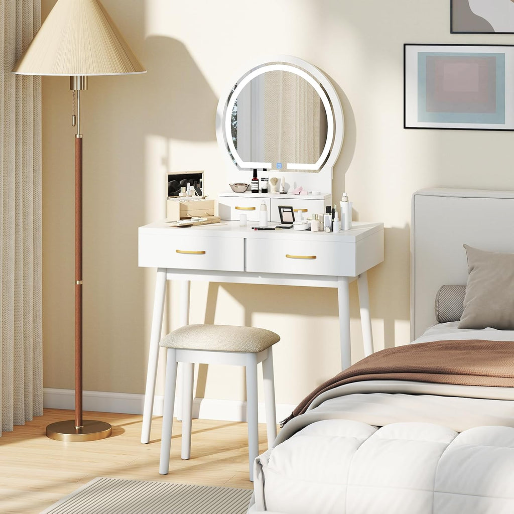 COSTWAY Small Vanity Desk with Mirror and Lights, Makeup Table with 4 Drawers, Vanity Stool, Round Lighted Mirror, 3 Color Modes, Dressing Table Set for Bedroom Small Space (White)