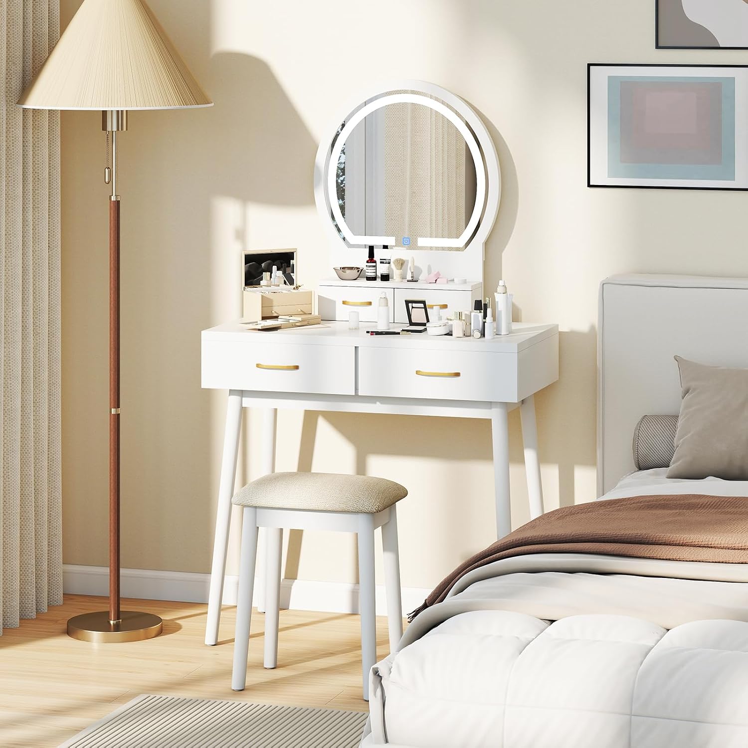 COSTWAY Small Vanity Desk with Mirror and Lights, Makeup Table with 4 Drawers, Vanity Stool, Round Lighted Mirror, 3 Color Modes, Dressing Table Set for Bedroom Small Space (White)