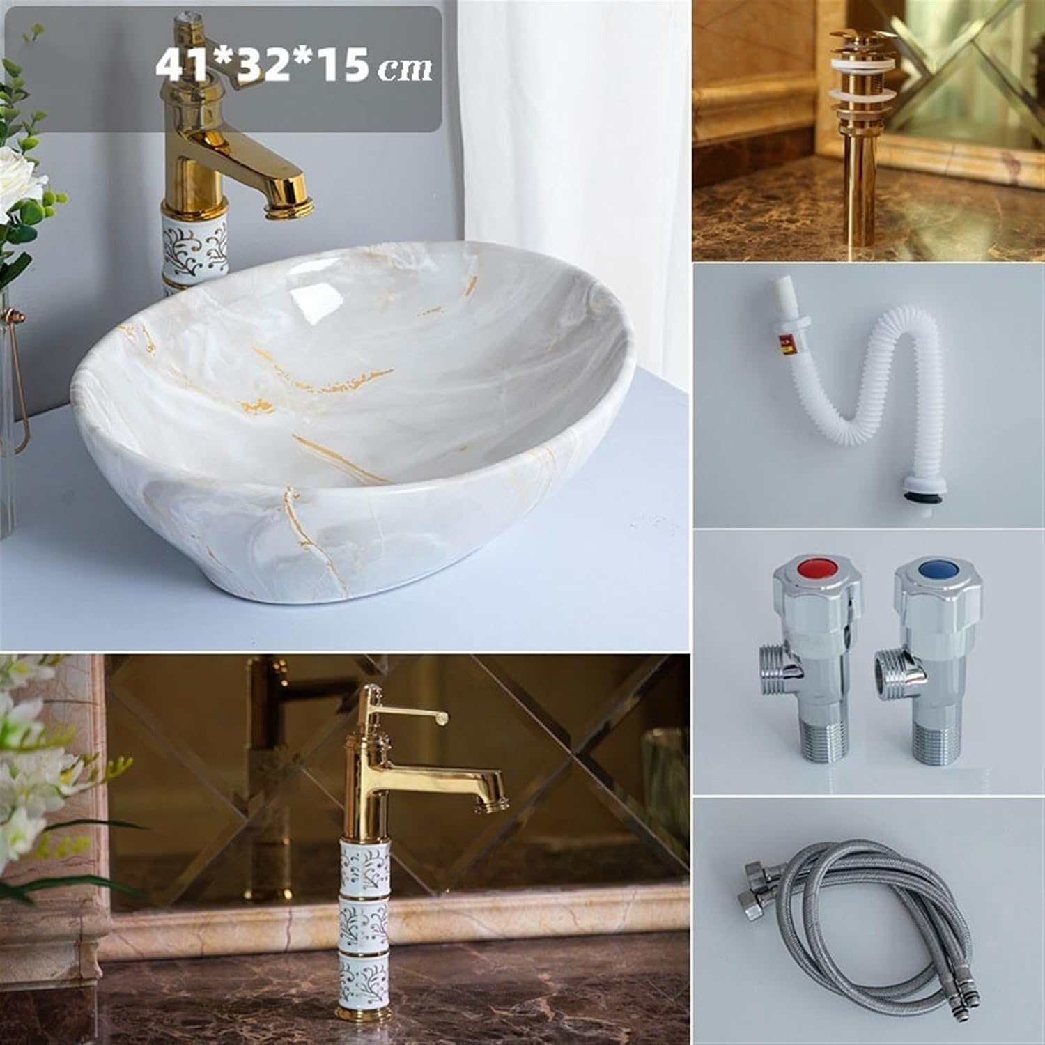 Vanity Sink Art Basin Small Bathroom Sinks High-grade Imitation Marble Texture Ceramic Countertop Basin Lavatory Washbasin with Accessories Bathroom Sink