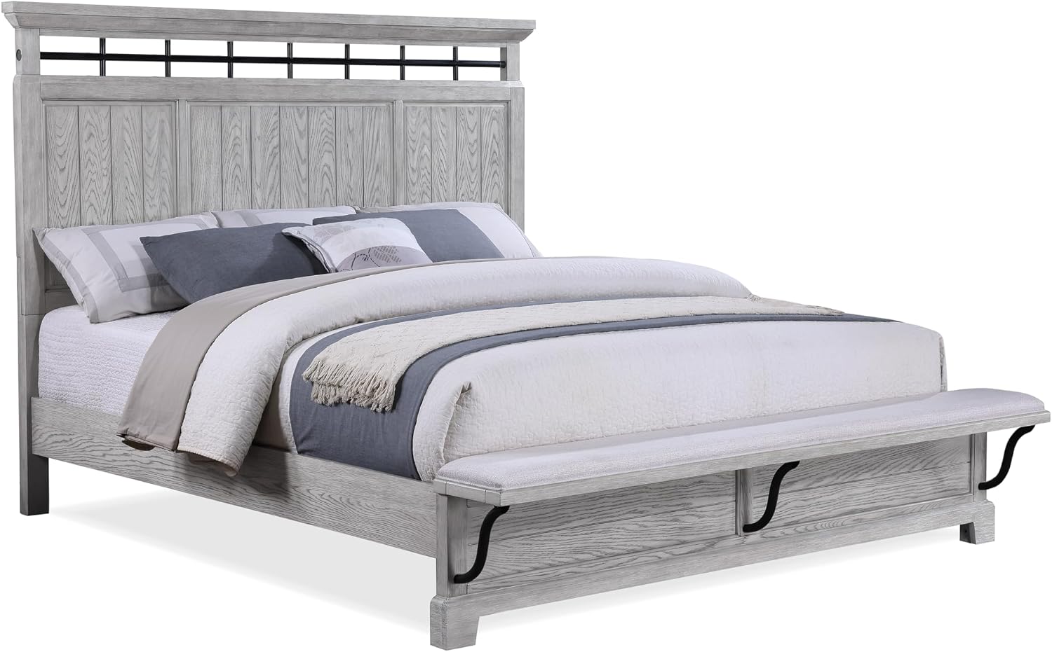 MASARA Rustic King Bed with Nightstand Set, Country Style Bedroom Furniture, Greige Wood Finish