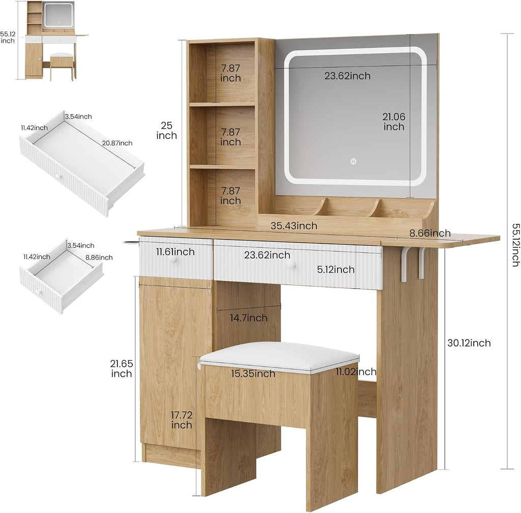 Patikuin Vanity Desk with Mirror and Lights, Natural Makeup Vanity with Charging Station, Dressing Table Set with Storage Chair, Drawer Shelves, and Foldable Panel for Compact Space Bedroom, Natural
