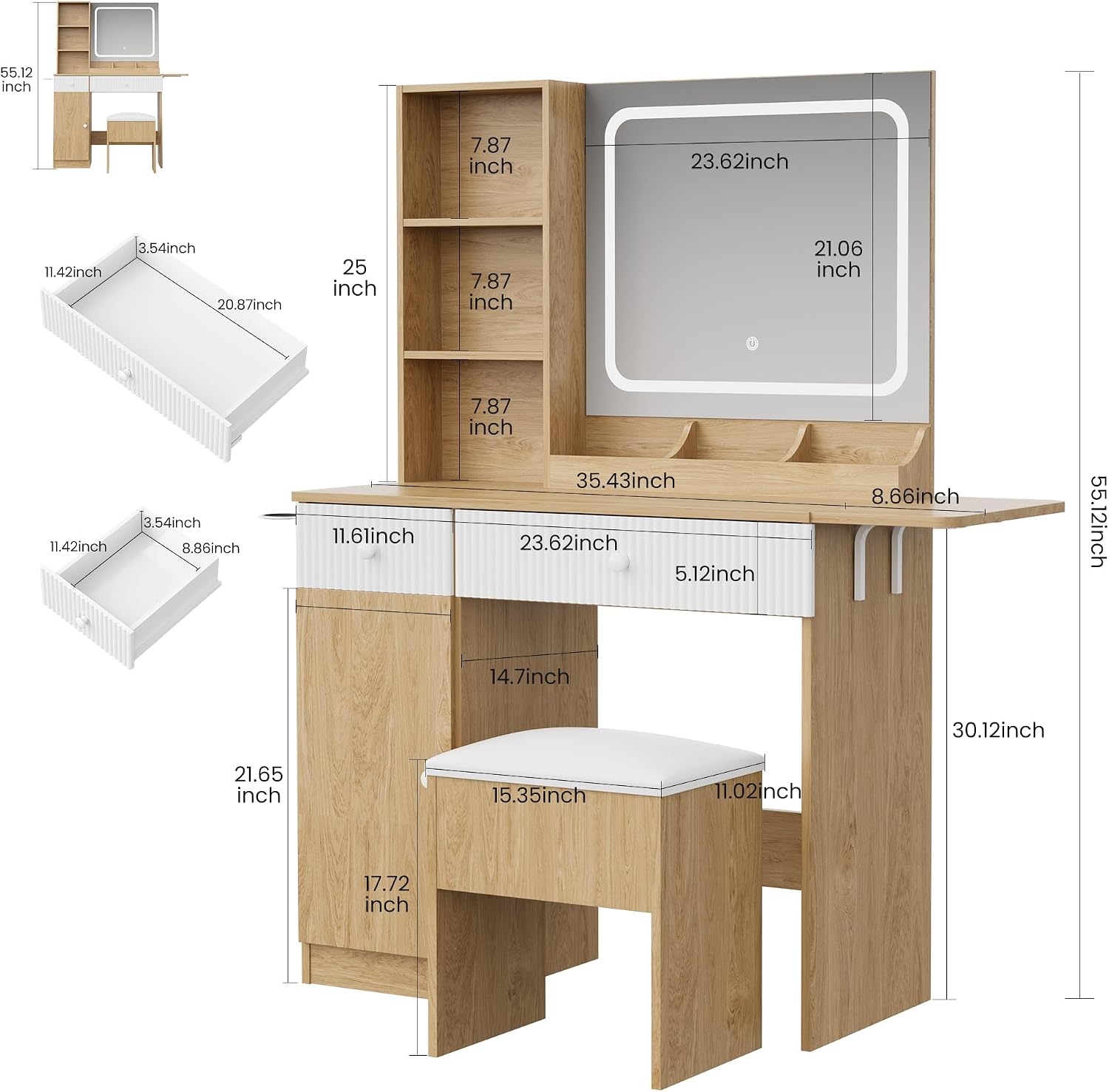 Patikuin Vanity Desk with Mirror and Lights, Natural Makeup Vanity with Charging Station, Dressing Table Set with Storage Chair, Drawer Shelves, and Foldable Panel for Compact Space Bedroom, Natural