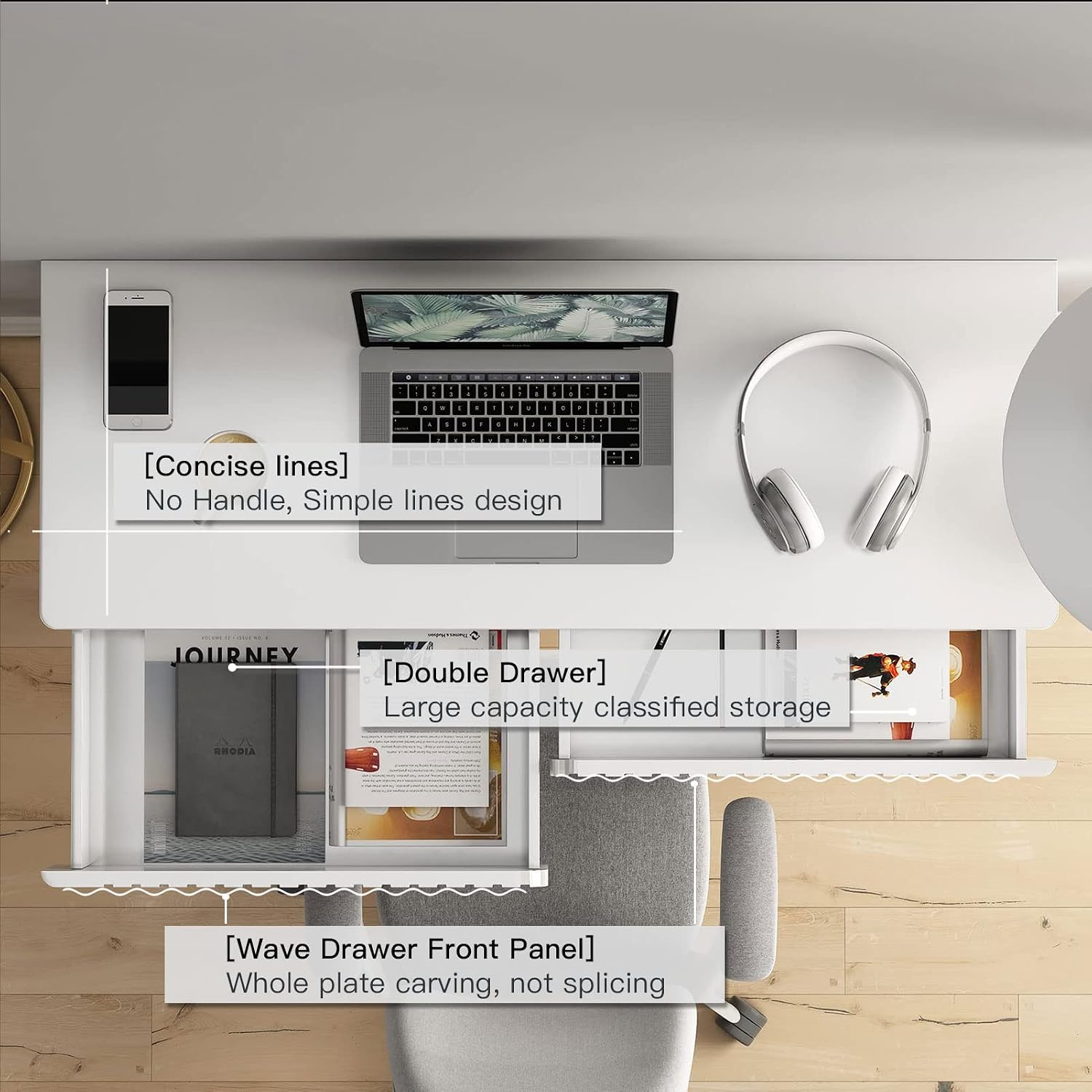 Tamworth Design Modern Multi-Purpose Desk, White & Antique Brass, 43' L x 15.75' W, 2 Large Drawers, Computer/Vanity/Study, Adult Size
