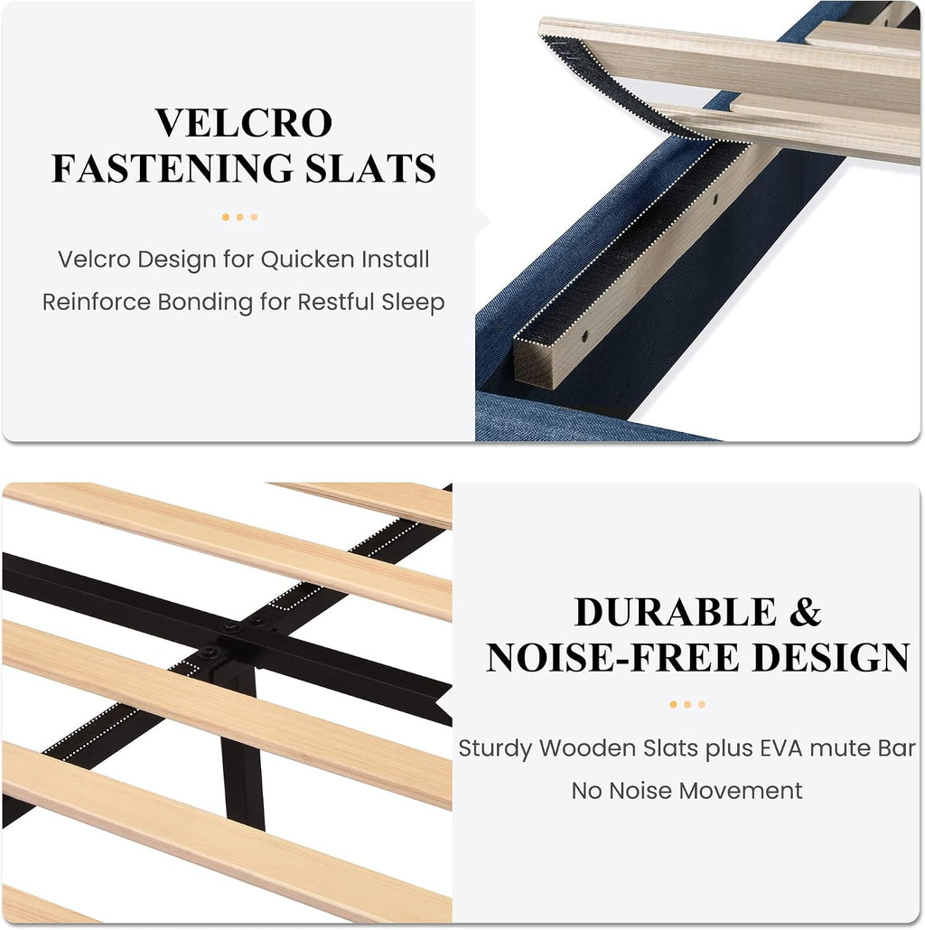 SHA CERLIN King Platform Bed Frame with Upholstered Fabric Headboard, Mattress Foundation with Strong Wooden Slats Support, No Box Spring Needed, Blue