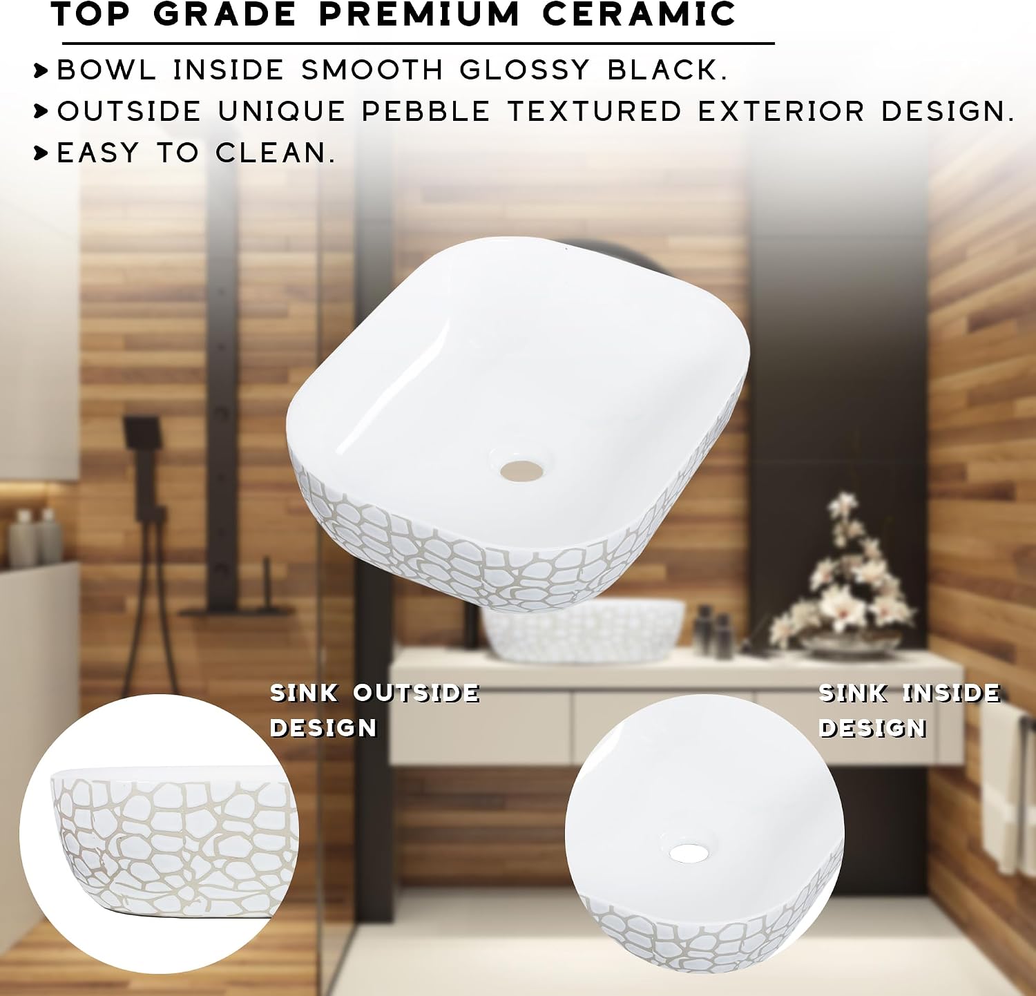 Strictly Sinks 19 Inch Round-Rectangular Gloss White Vessel Sink - Ceramic Countertop Bathroom Sink – Easy to Install Above Counter Luxurious Bathroom Vessel Sink (19-3/4″ W x 16″ L x 6″ H)