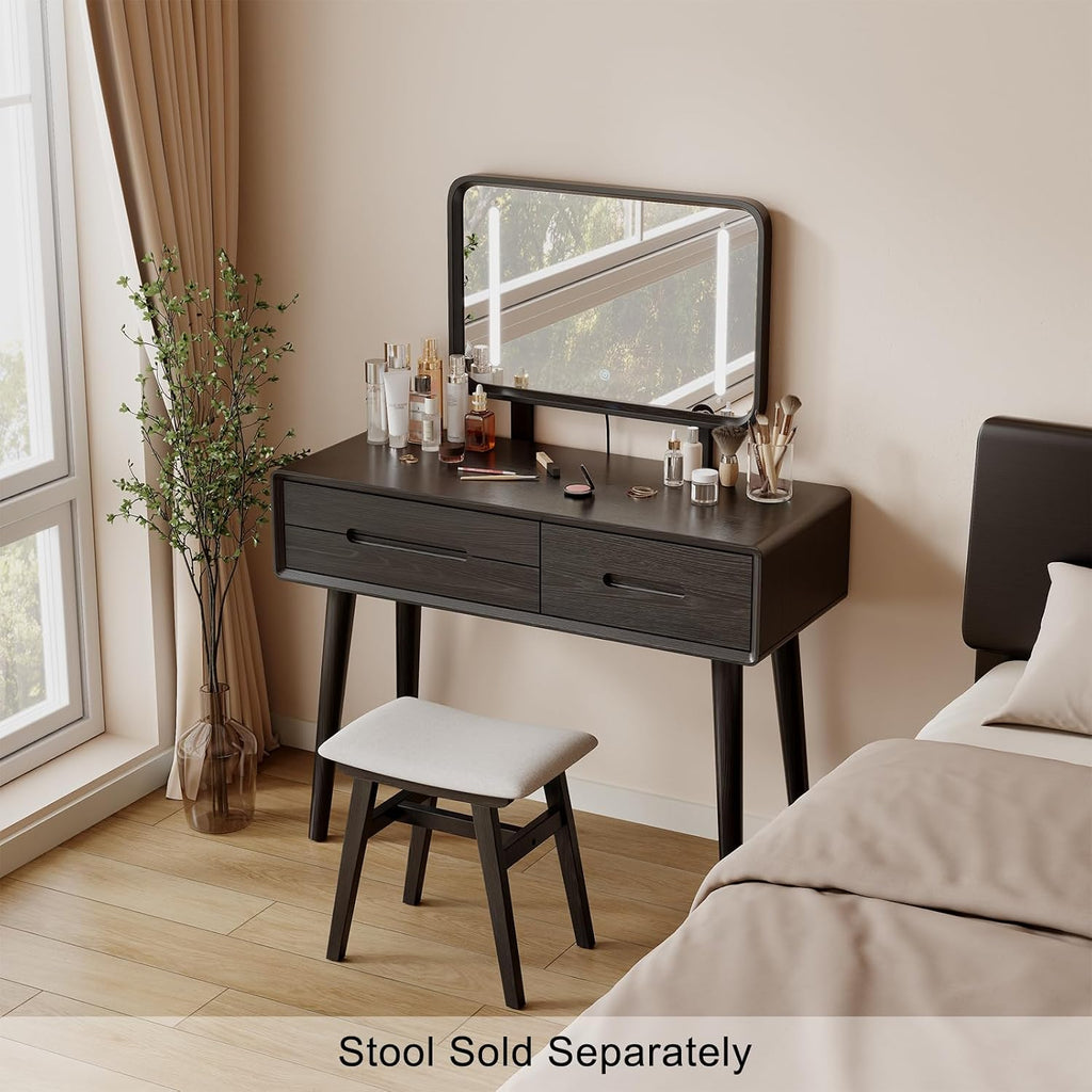 Solid Wood Vanity with Mirror and Lights, Adjustable Brightness, Wood Makeup Vanity with 3 Drawers, Semi-Assembled, Vanity Desk for Bedroom (Black)