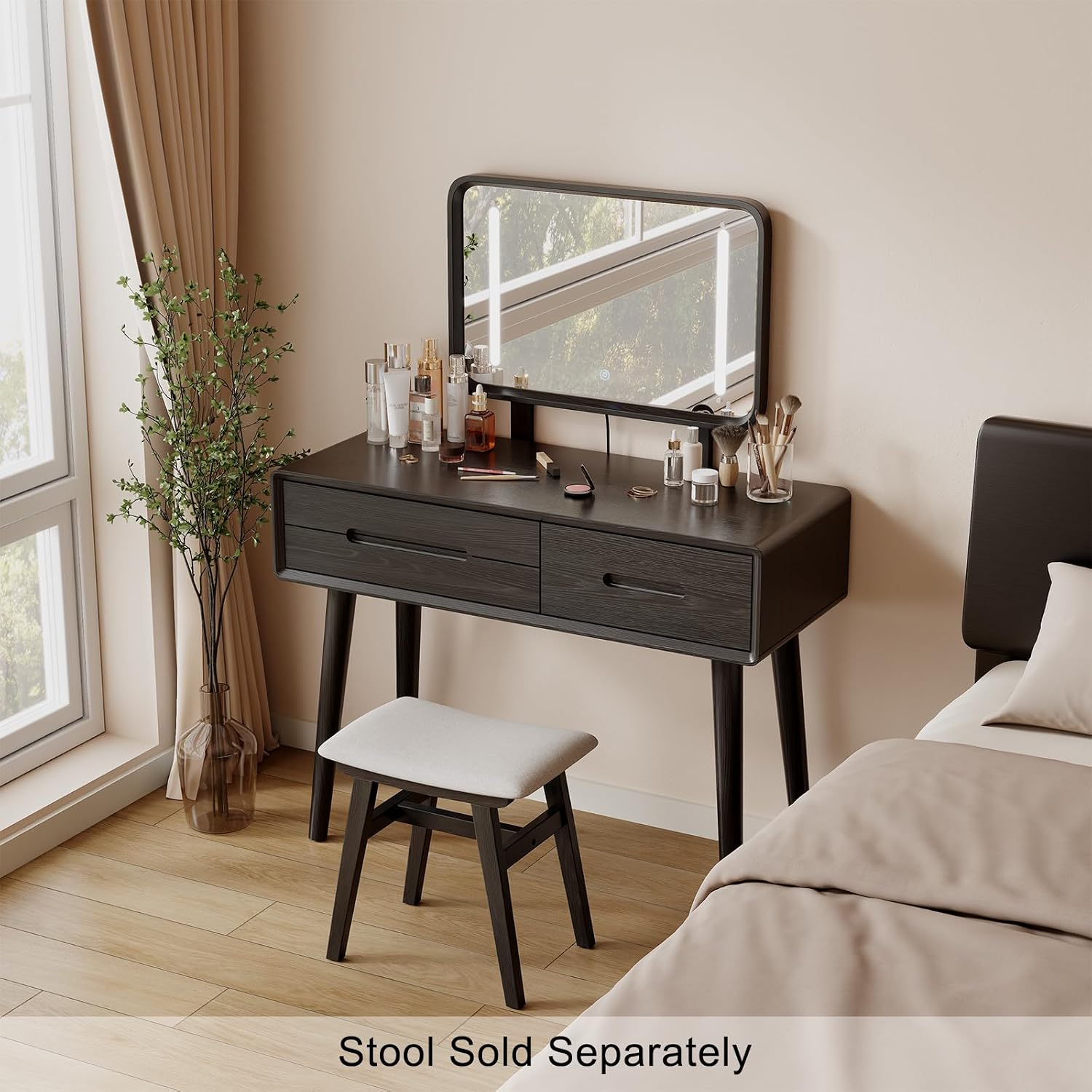 Solid Wood Vanity with Mirror and Lights, Adjustable Brightness, Wood Makeup Vanity with 3 Drawers, Semi-Assembled, Vanity Desk for Bedroom (Black)