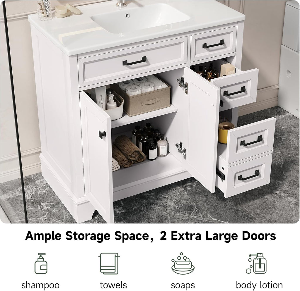 ONBRILL 36' Luxurious Bathroom Vanity with Ceramic Sink, Modern Freestanding Bathroom Single Sink Vanities Cabinet with 2 Soft Closing Doors & 2 Drawers, Adjustable Shelf & Paint Surface (White)