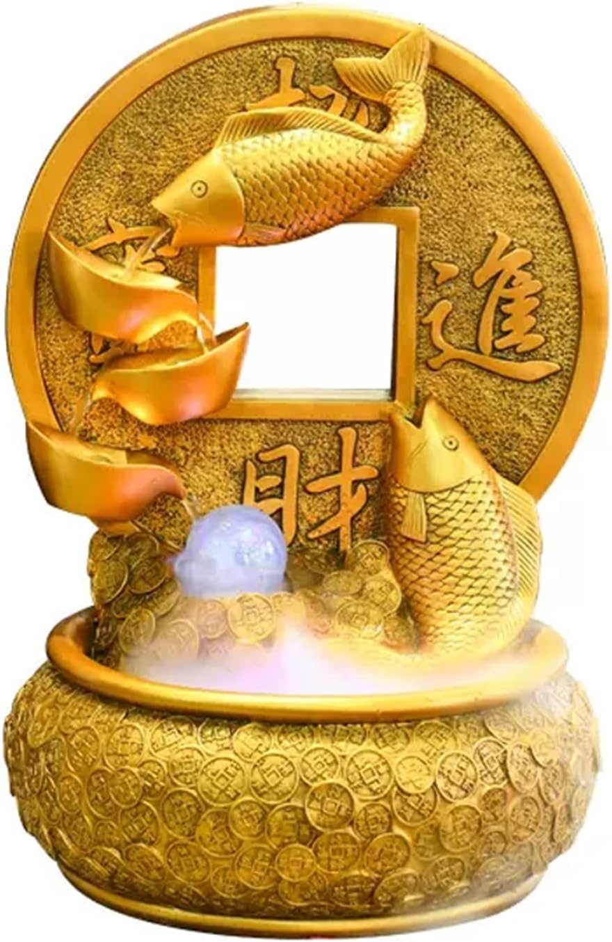 Tabletop Fountain Desktop Fountain Waterfall Decoration with Rotating Decorative Ball Golden Koi Fish Tabletop Fortune and Good Luck Meditation for Office Living Room Craft(Medium)