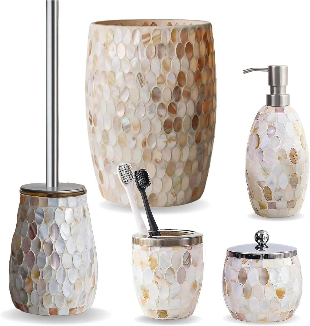 Natural Shell Bathroom Accessories Sets 5 Pcs | Luxurious Glass Soap Dispenser, Toothbrush Holder, Cotton Glass Jar, Small Bathroom Trash Can, Toilet Brush | Modern Seashell Bathroom Decor