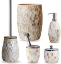 Natural Shell Bathroom Accessories Sets 5 Pcs | Luxurious Glass Soap Dispenser, Toothbrush Holder, Cotton Glass Jar, Small Bathroom Trash Can, Toilet Brush | Modern Seashell Bathroom Decor