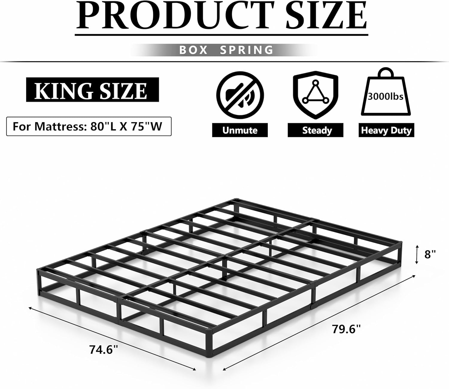 NHODIR King Box Spring, 8 Inch Box Springs King Size Bed Base,Black Heavy Duty Metal Mattress Foundation with Cover, Noise Free,Easy Assembly