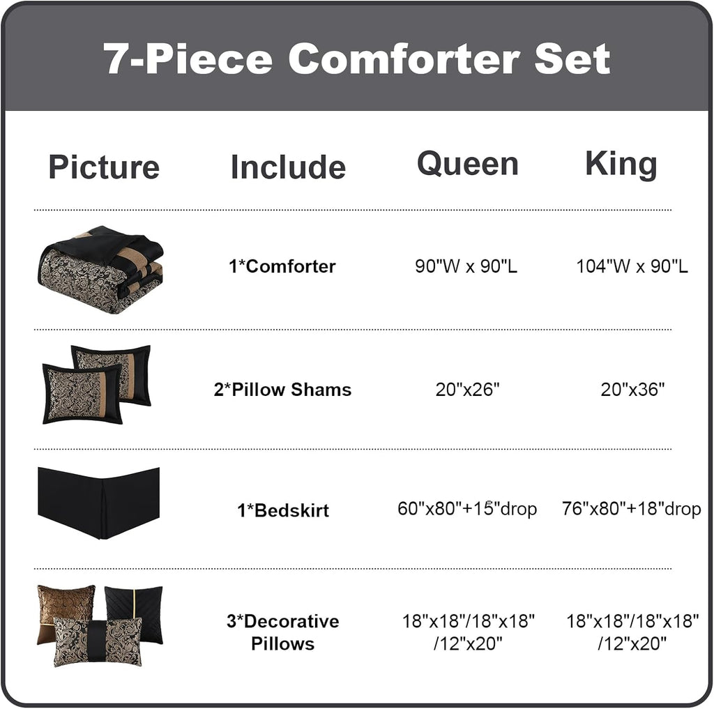 PANGUSHAN 7 Pieces Comforter Set King Size, Luxury Silky Elegant Jacquard Fluffy Reversible Bedding Set with Bed Skirt, Shams and Pillows, Bed in a Bag King, Down Alternative, Black/Gold