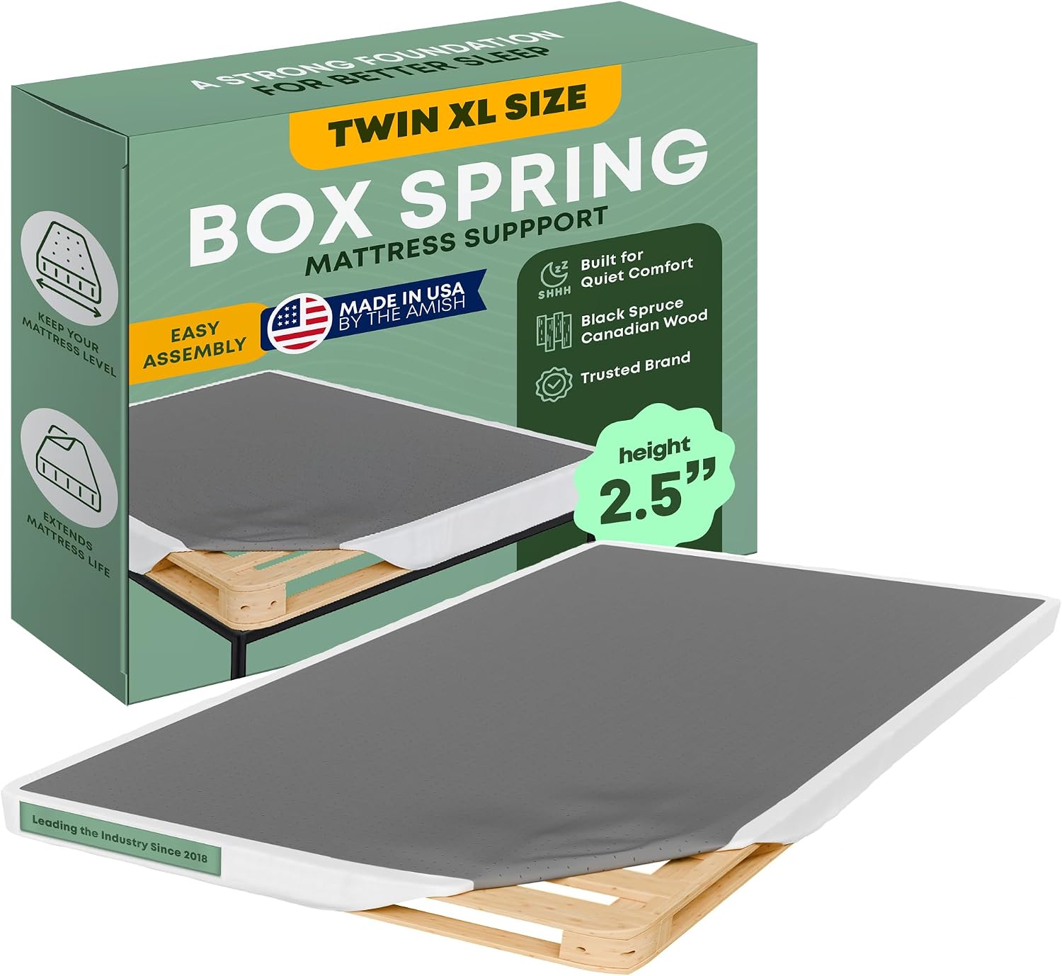 Greaton, 2.5' Twin XL Box Spring for Twin XL Size Bed – Amish-Made in the USA – Solid Wood Mattress Foundation with Stable & Quiet Support – Flat-Packed & Easy Assembly – White