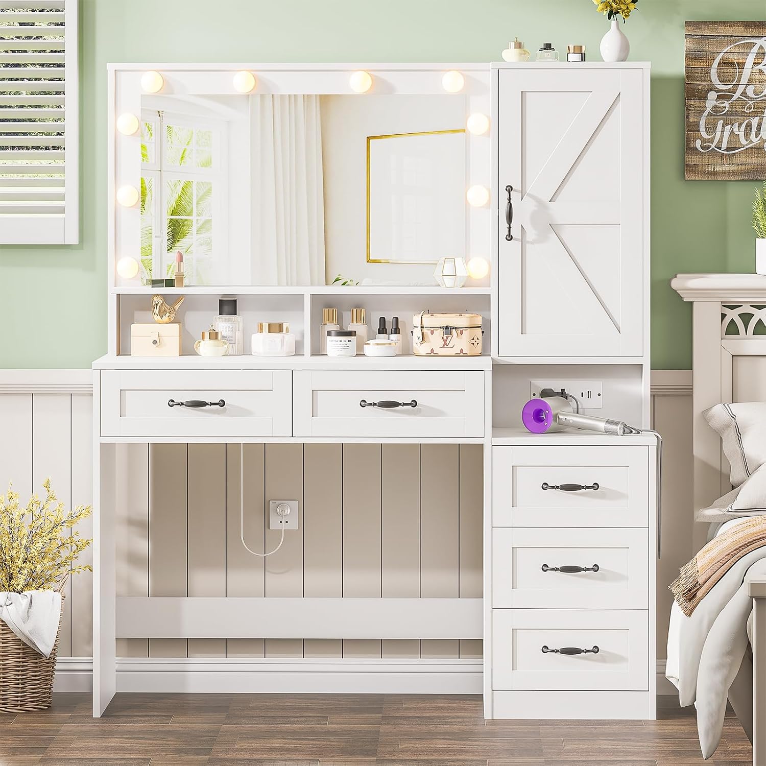Farmhouse Makeup Vanity with Lighted Mirror, 45.3'' Vanity Desk with Charging Station, 5 Drawers & Open Shelves, Vanity Table Makeup Desk with 1 Cabinet & 9 Hooks for Bedroom (White)