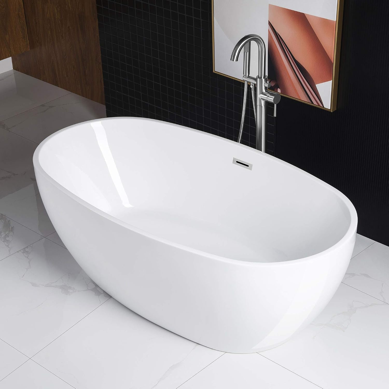 WOODBRIDGE 67' Acrylic Freestanding Bathtub Contemporary Soaking White Tub with Chrome Overflow and Drain，BTA1528-C