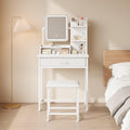 YeTom Makeup Vanity Desk with Mirror and Lights, Small Vanity with Fabric Storage Drawer & Chair & Shelves, White Compact Makeup Vanity Set for Bedroom