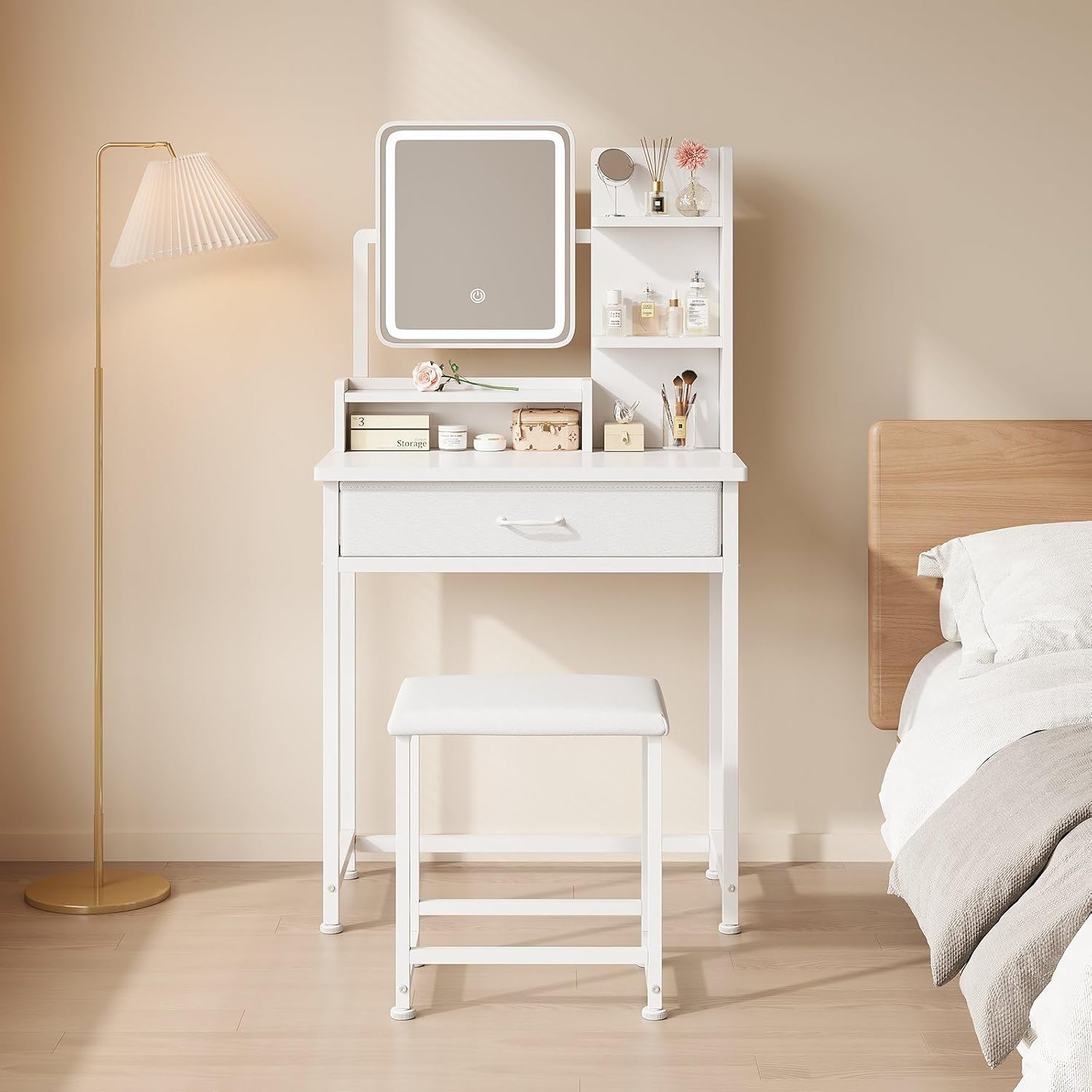 YeTom Makeup Vanity Desk with Mirror and Lights, Small Vanity with Fabric Storage Drawer & Chair & Shelves, White Compact Makeup Vanity Set for Bedroom