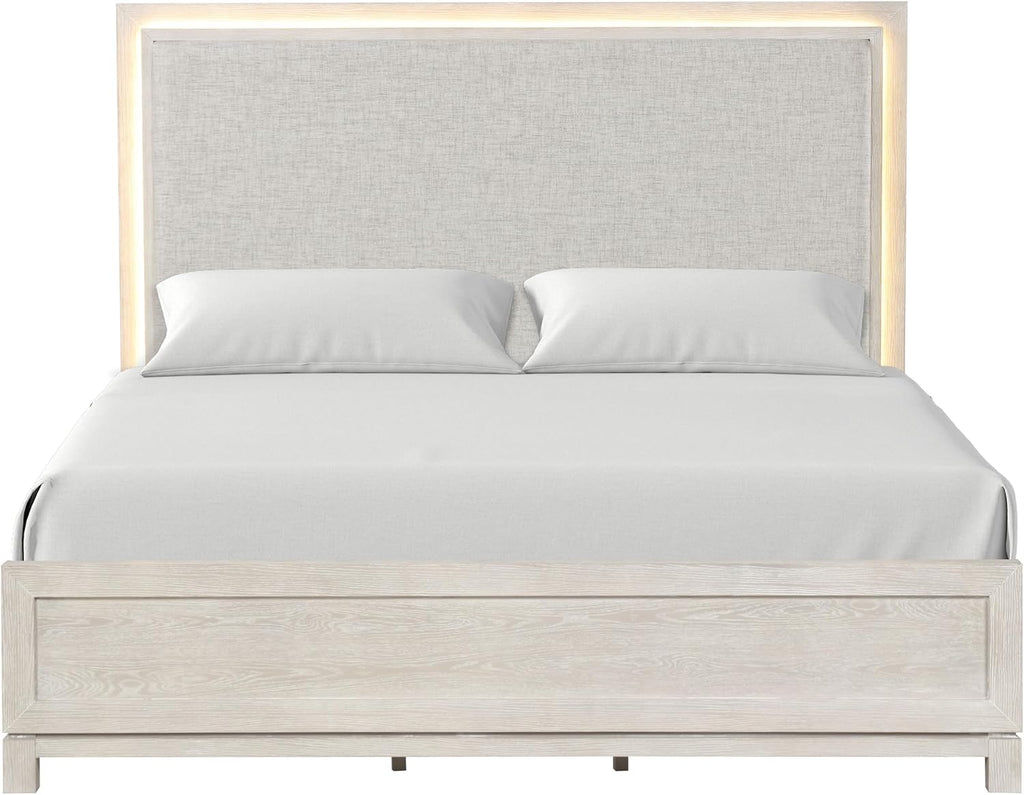 Furniture of America Bailer Modern Solid Wood 5-Piece Bedroom Set with LED on Headboard, Stainless Steal Posts and Marble Top on Nightstand, Box Spring Needed, King, Weathered Gray