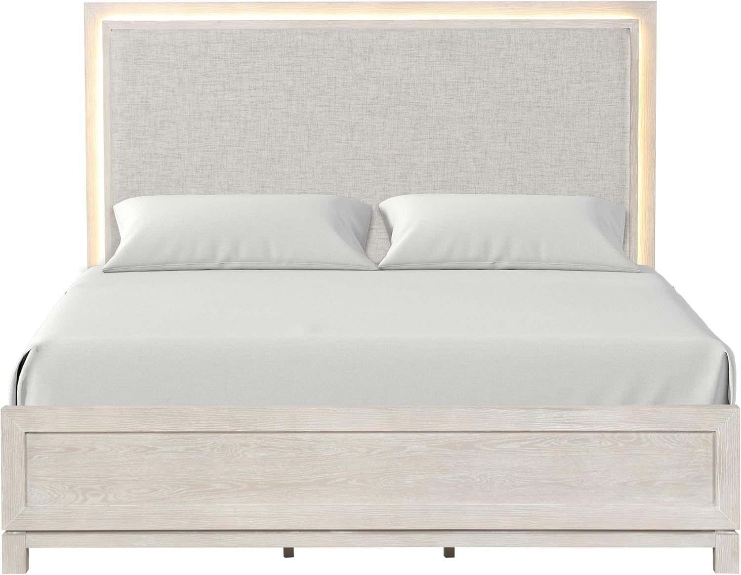 Furniture of America Bailer Modern Solid Wood 5-Piece Bedroom Set with LED on Headboard, Stainless Steal Posts and Marble Top on Nightstand, Box Spring Needed, King, Weathered Gray