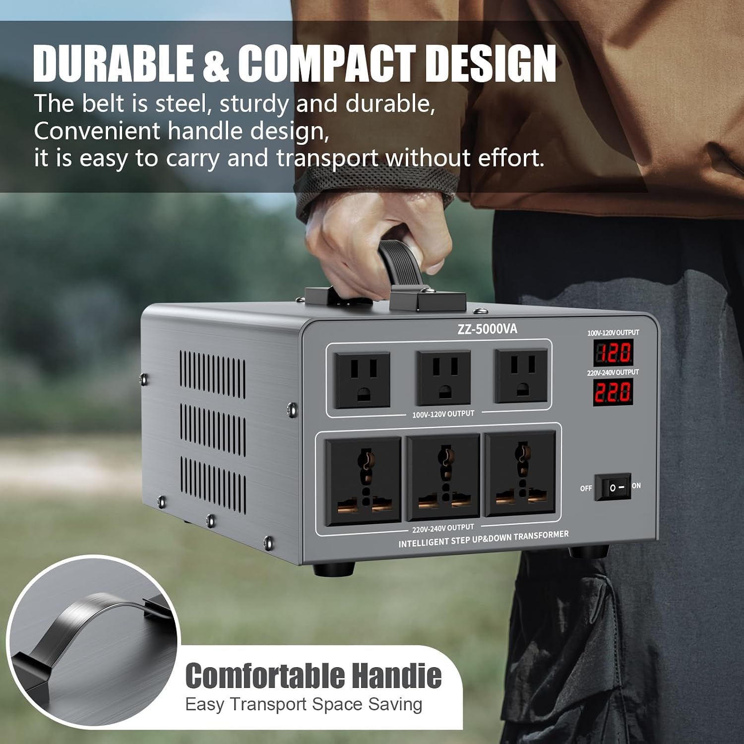 5000W Voltage Auto Converter Transformer, Heavy Duty Step Up/Down Power Converter 110/120/220/240V with 3 US Outlets,3 Universal Outlets,LED Display,w/US Standard Power Cord Circuit Breaker Protection