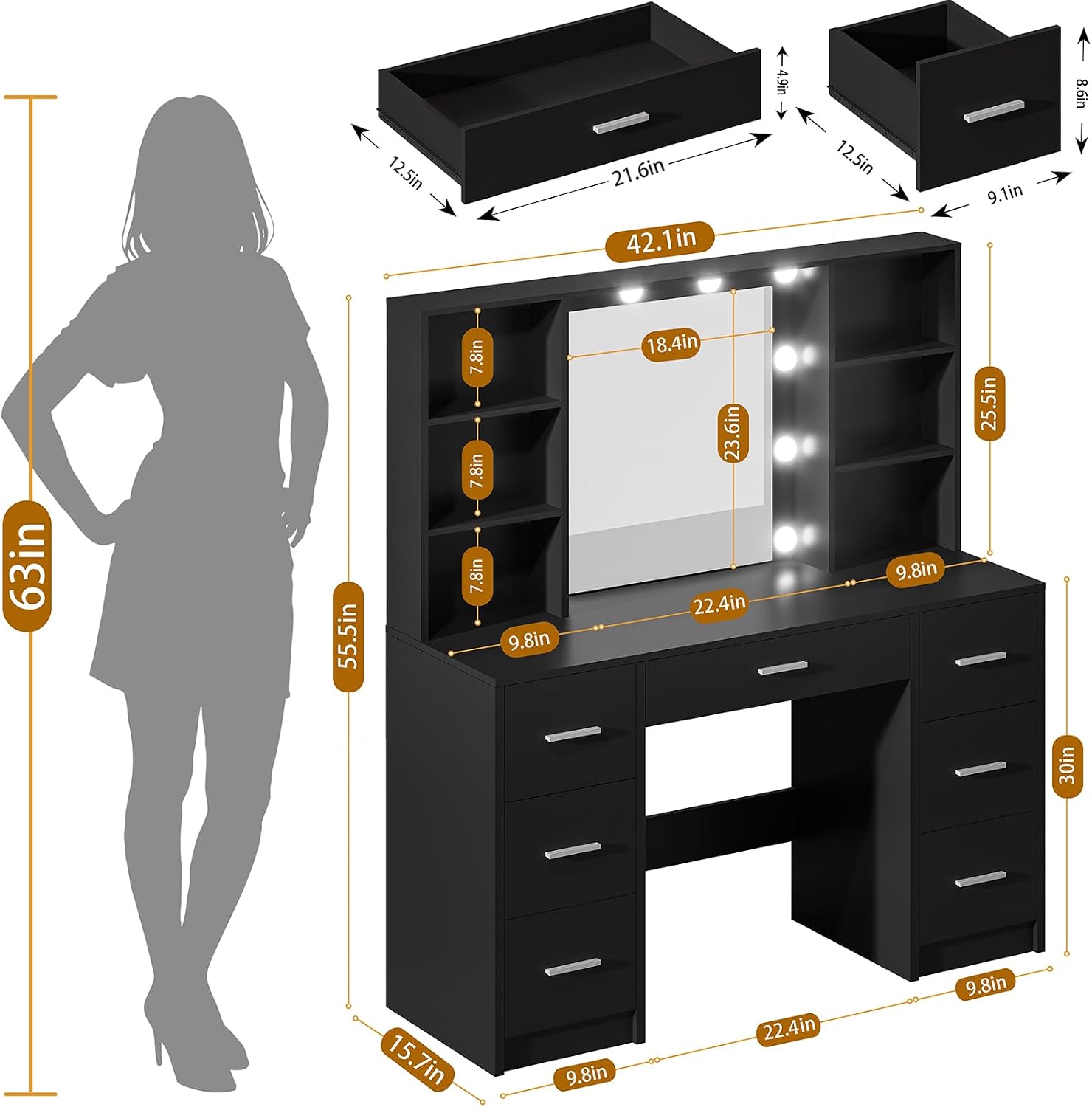 DINGIPP Large Vanity Desk with Mirror, 10 Lights and Power Outlet, Makeup Vanity with Shelves and 7 Drawers, Vanity Desk Dressing Table with 3 Color Light Adjustable, Vanity Table for Bedroom (Black)