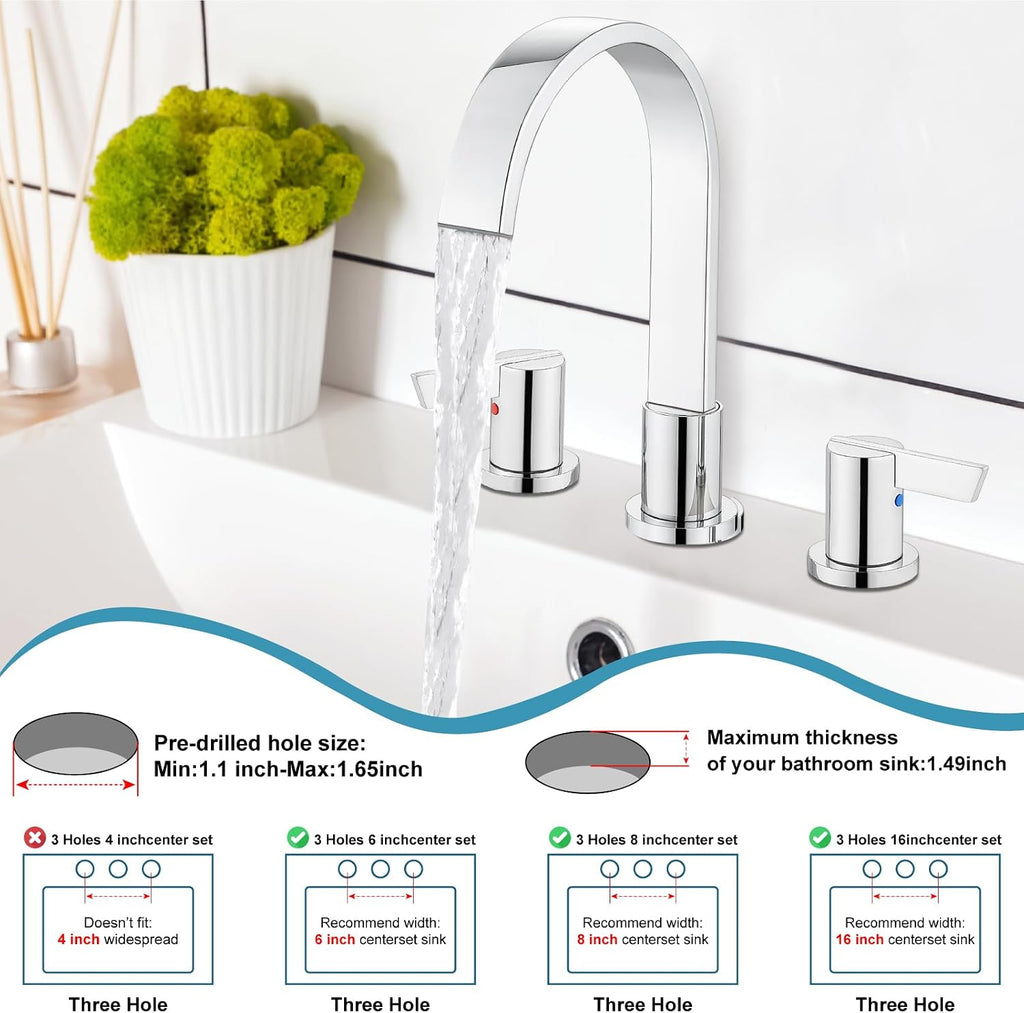 Midanya Polish Chrome 8 inch Widespread Bathroom Sink Faucet Morden Waterfall 3 Holes 2 Handles Vanity Faucet with 10 Inch Polish Chrome Wall Mount Rain Shower System Shower Faucet Set