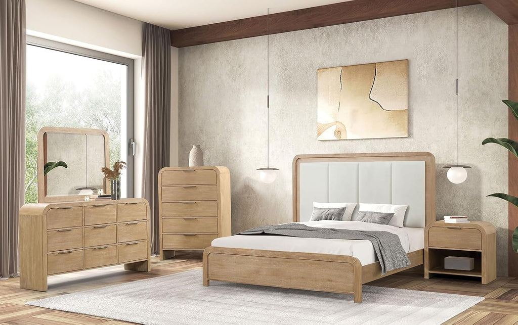 MASARA 3-Piece Transitional Bedroom Set, Natural, Queen Or King Bed with 2 Nightstands, Solid Rubberwood and Mango Veneer (King)