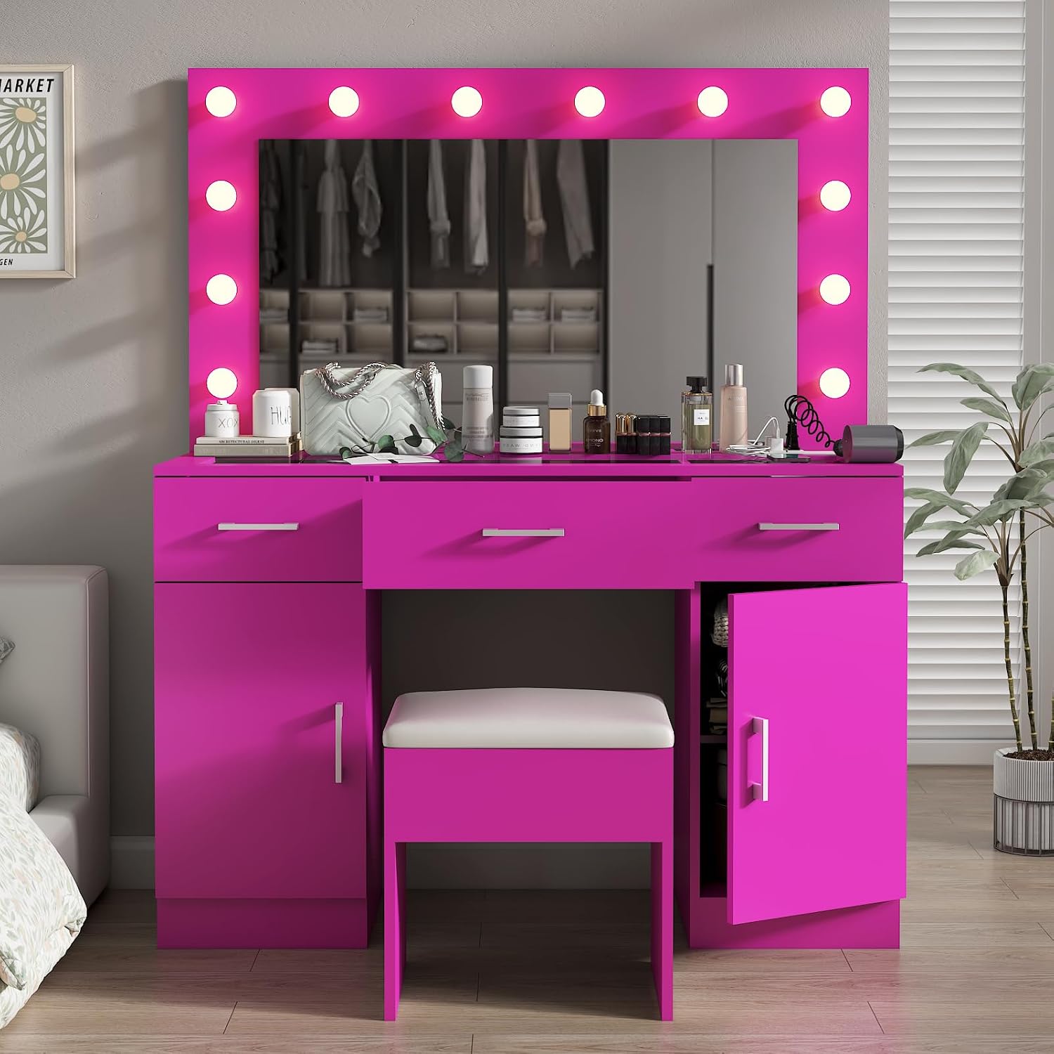 VINGLI Vanity Desk with LED Lighted Mirror & Padded Stool, Makeup Table with Drawers & Cabinets & Power Outlet & Glass Top & 12 Light Bulbs with 3 Colors for Dressing Room Bedroom, Bright Pink