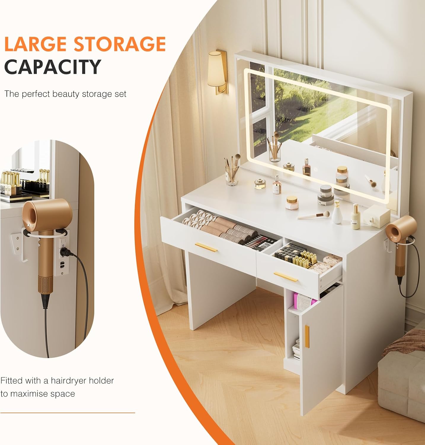 Sweetcrispy Vanity Desk with 35.4' LED Mirror and Lights, Makeup Vanity Table with Charging Station (2AC/USB/C), 2 Drawers & Large Cabinet, 3 Lighting Color Adjustable, Modern Dressing Table, White