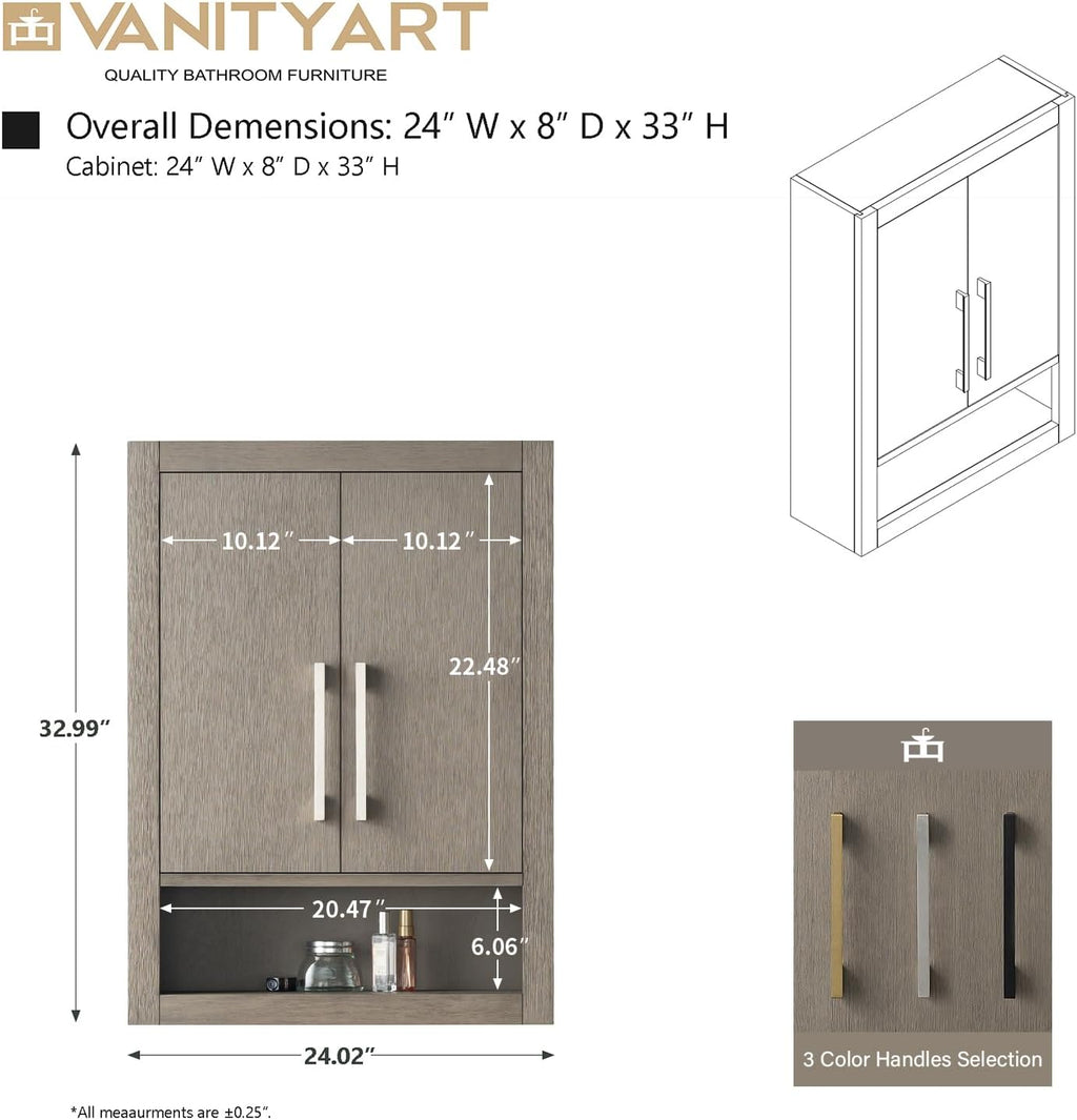 Vanity Art 24' Bathroom Vanity with Storage Cabinet & Shelves, Storage Cabinet with Soft-Closing Doors,VA90-TC-DG-BN1