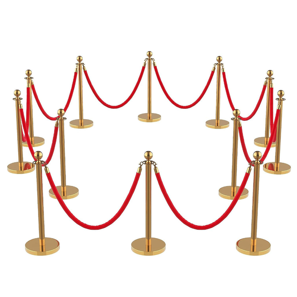12Pcs Stanchions and Velvet Ropes with 15ft Red Carpet,Complete Crowd Control Barriers Set with 10 Red Velvet Ropes & Stainless Steel Posts for Party, Wedding, Event Supplies,Gold