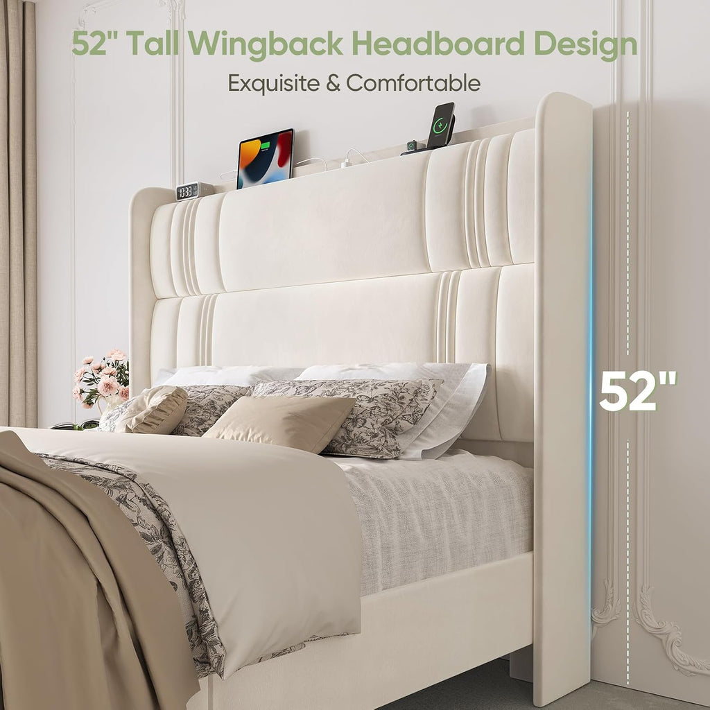 Queen Size Bed Frame with Tall Headboard, 52' Upholstered Platform Bed with Charging Station, Luxury Velvet Bedframe, Curved Wingback Headboard, No Box Spring Needed, Easy Assembly, Sturdy, Beige