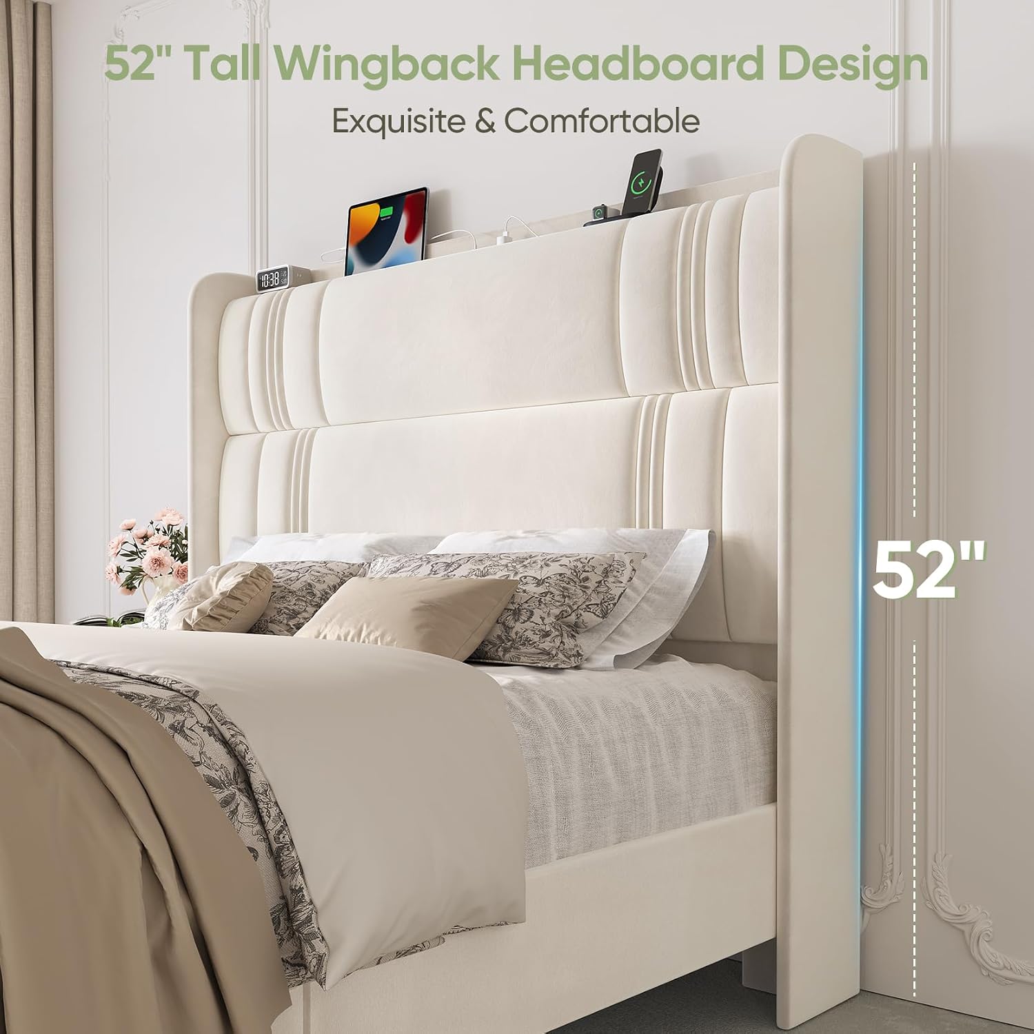 Queen Size Bed Frame with Tall Headboard, 52' Upholstered Platform Bed with Charging Station, Luxury Velvet Bedframe, Curved Wingback Headboard, No Box Spring Needed, Easy Assembly, Sturdy, Beige