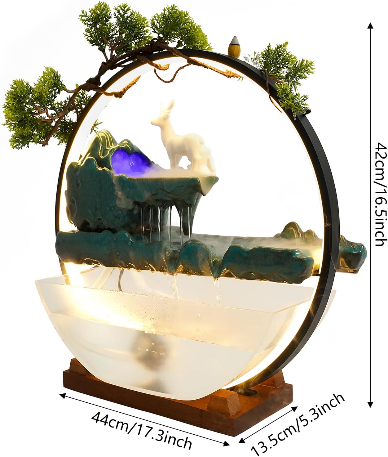 Tabletop Water Fountains, Indoor Waterfall with Round LED Light & Mist Maker & Fish Tank, Water Feature Feng Shui Decor for Meditation Entrance, L17.3*D5.3*H16.5in